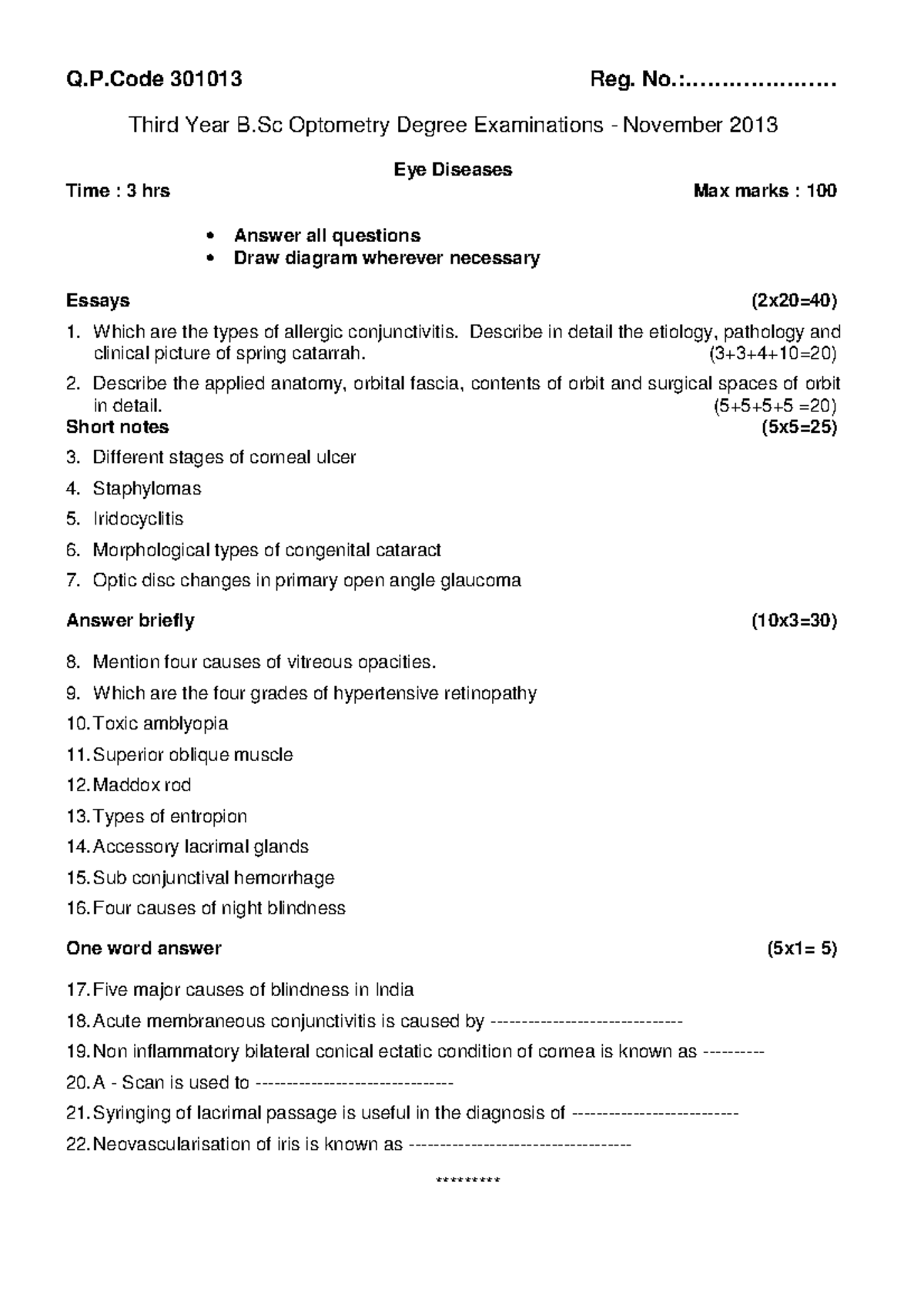 Kuhs third year bsc optometry exam november 2013 eye diseases Q.P 301013 Reg. Studocu