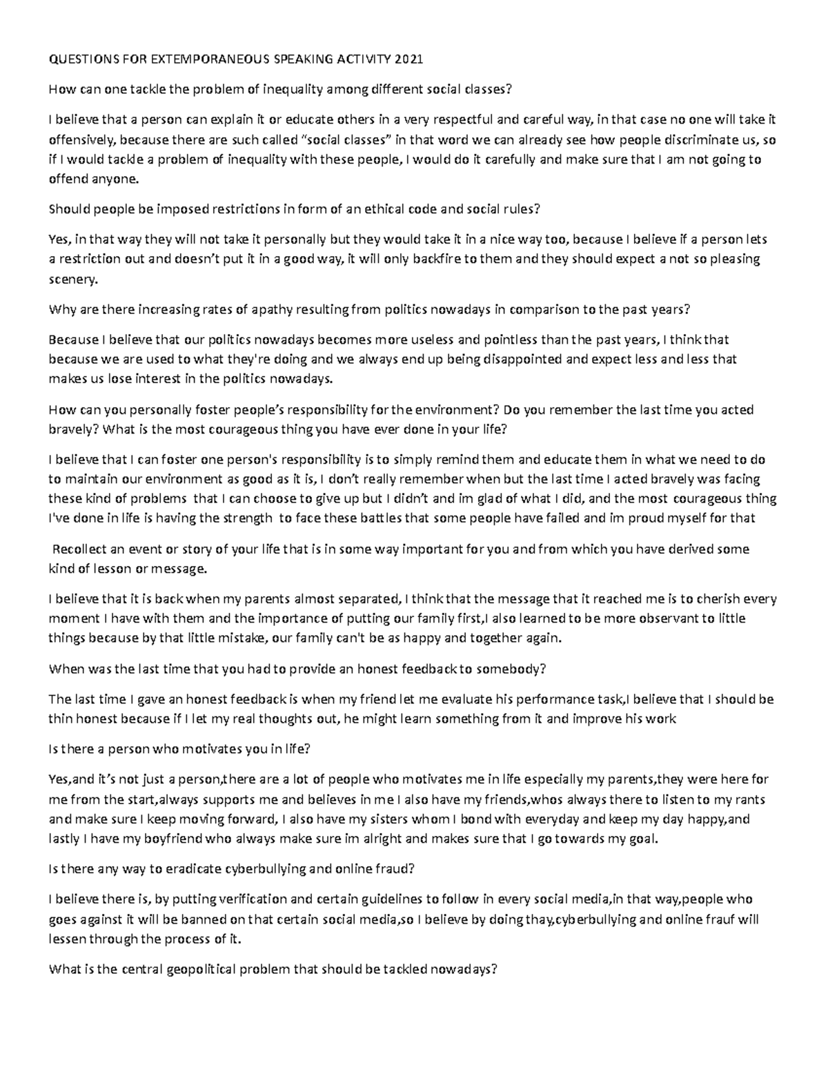 Extemporanous speach answer - QUESTIONS FOR EXTEMPORANEOUS SPEAKING ...