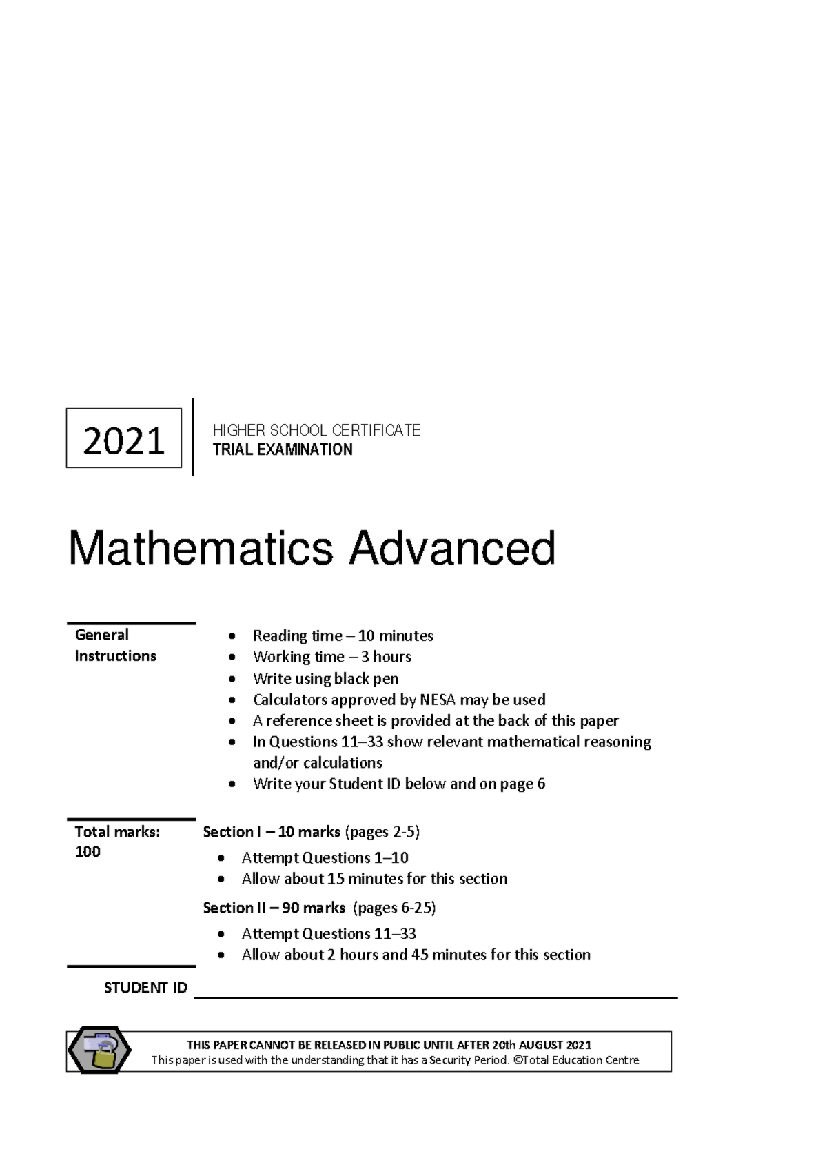 2021 Mathematics Advanced HSC Practice - Total Education - Mathematics ...