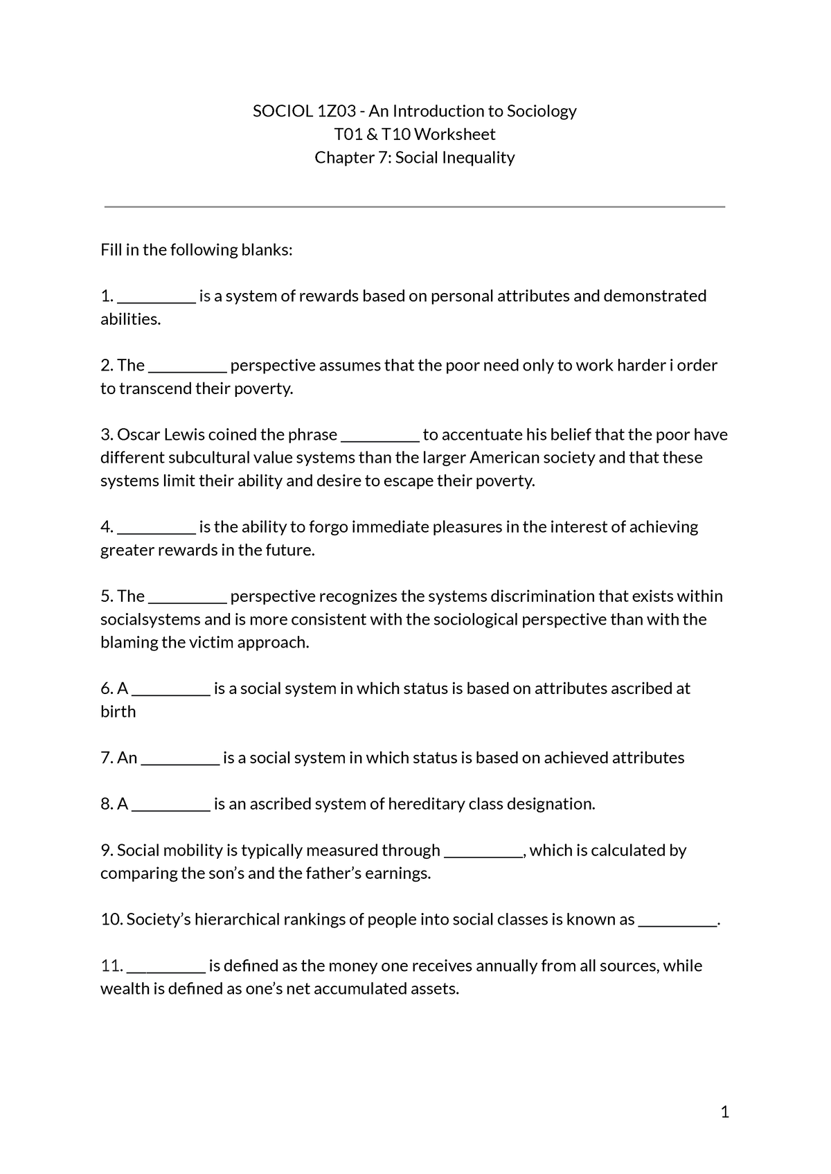 1Z03- Tutorial 4 Worksheet - SOCIOL 1Z03 - An Introduction To Sociology ...