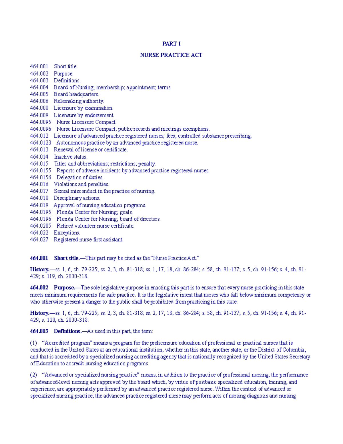 Florida nurse practice act part i nurse practice act 464 short title