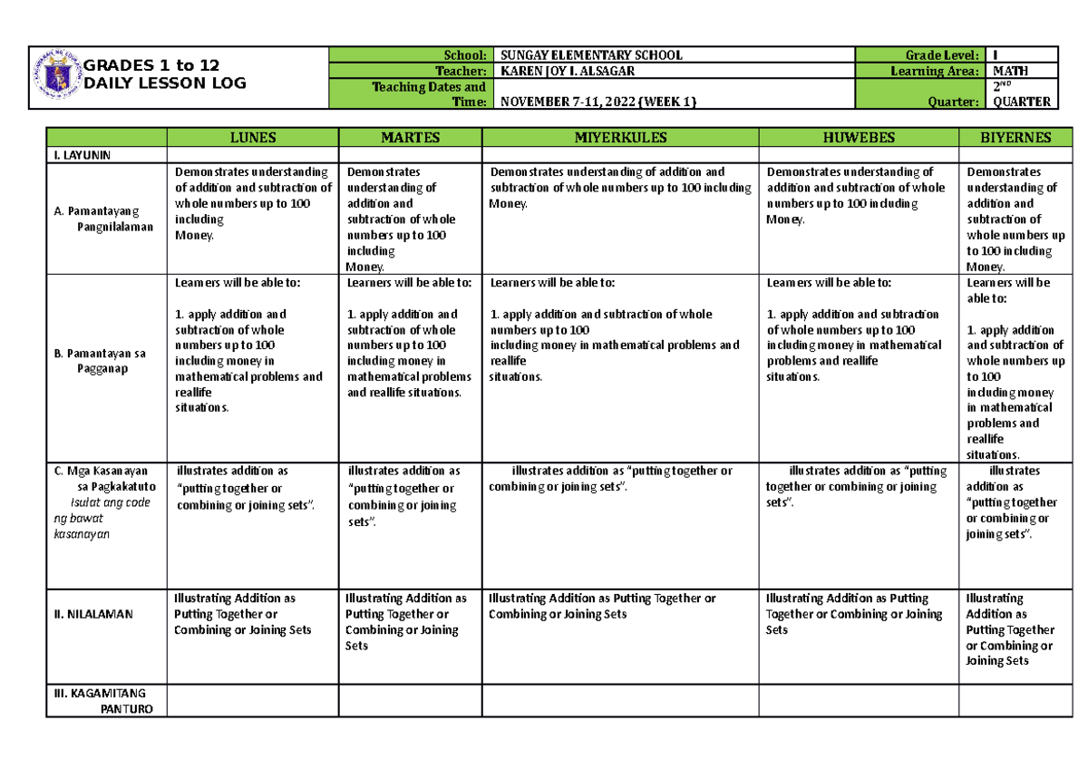 DLL MATH 1 Q2 W1 - sbseb - GRADES 1 to 12 DAILY LESSON LOG School ...