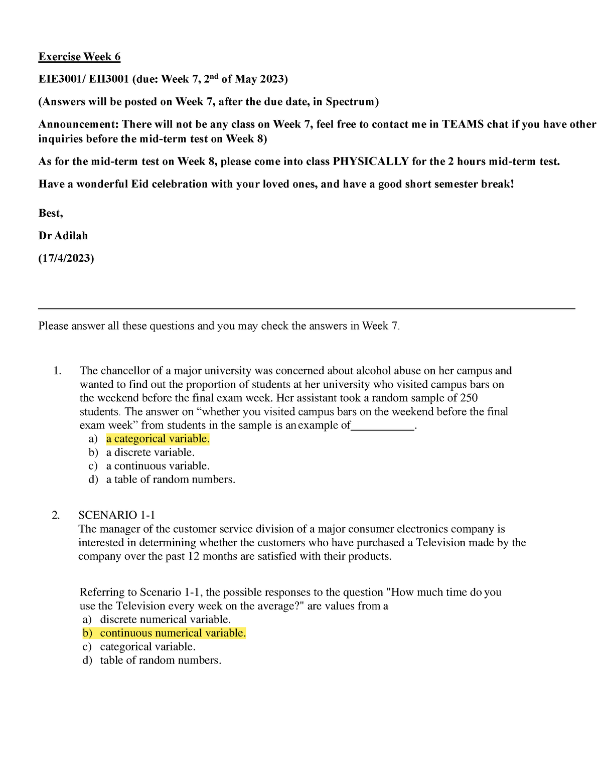 Task Week 6 - Tutorial - Exercise Week 6 EIE3001/ EII3001 (due: Week 7 ...