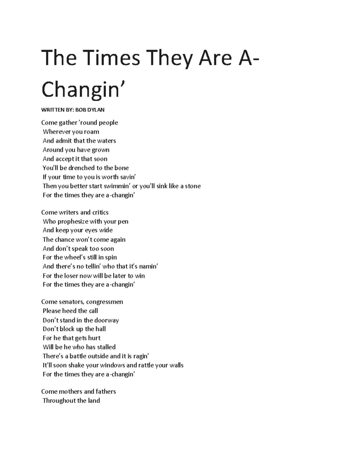 The times they are changing - Bob Dylan - The Times They Are A- Changin ...