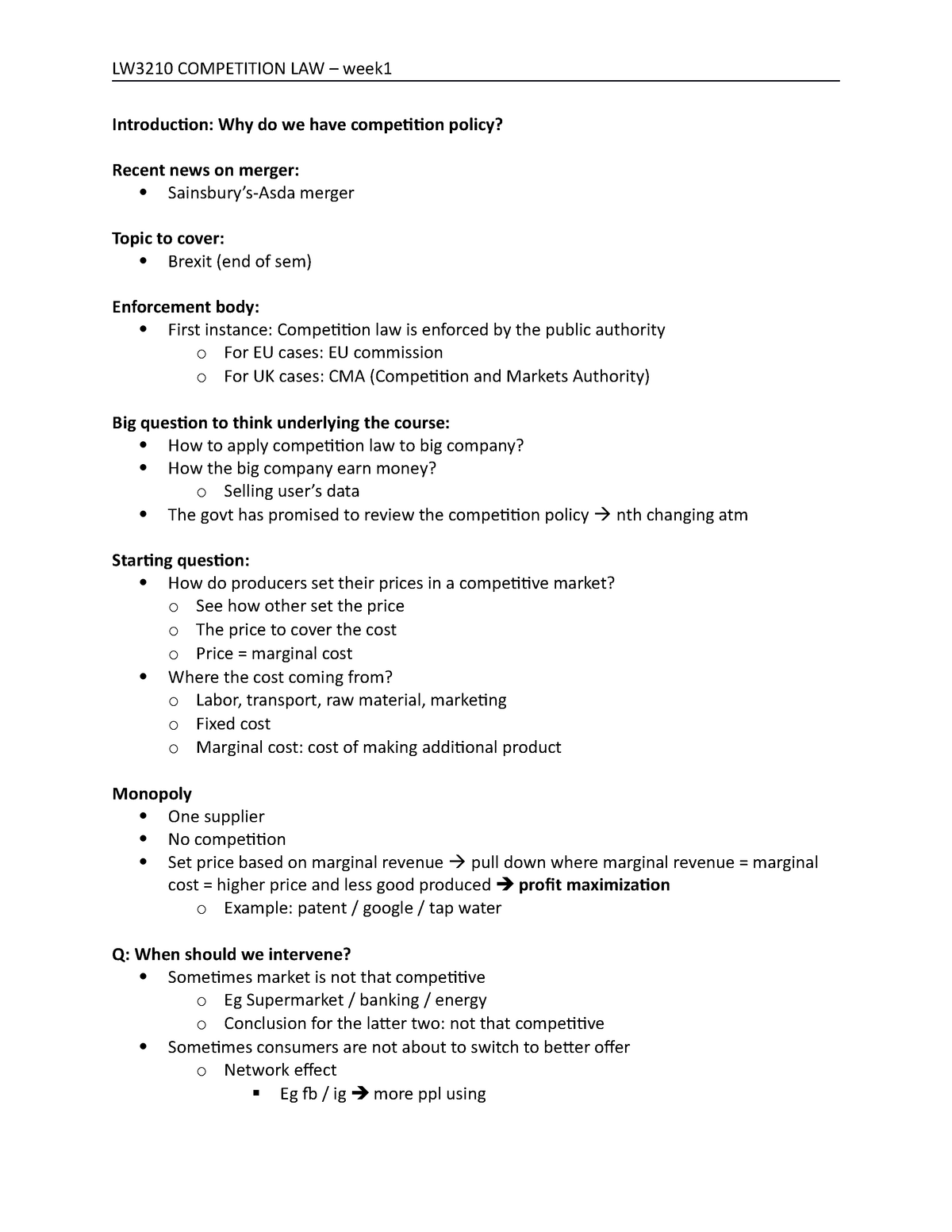 Comp law week 1 lecture note of competition law LW3210 COMPETITION