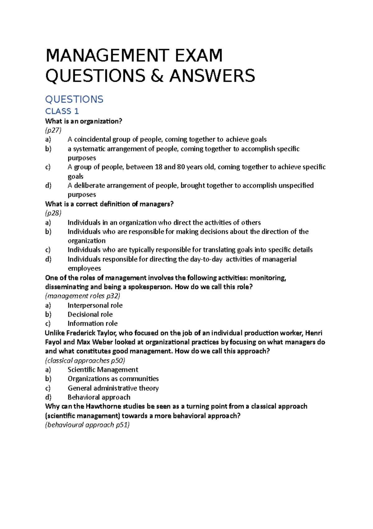 Management EXAM Questions verzameling MANAGEMENT EXAM QUESTIONS