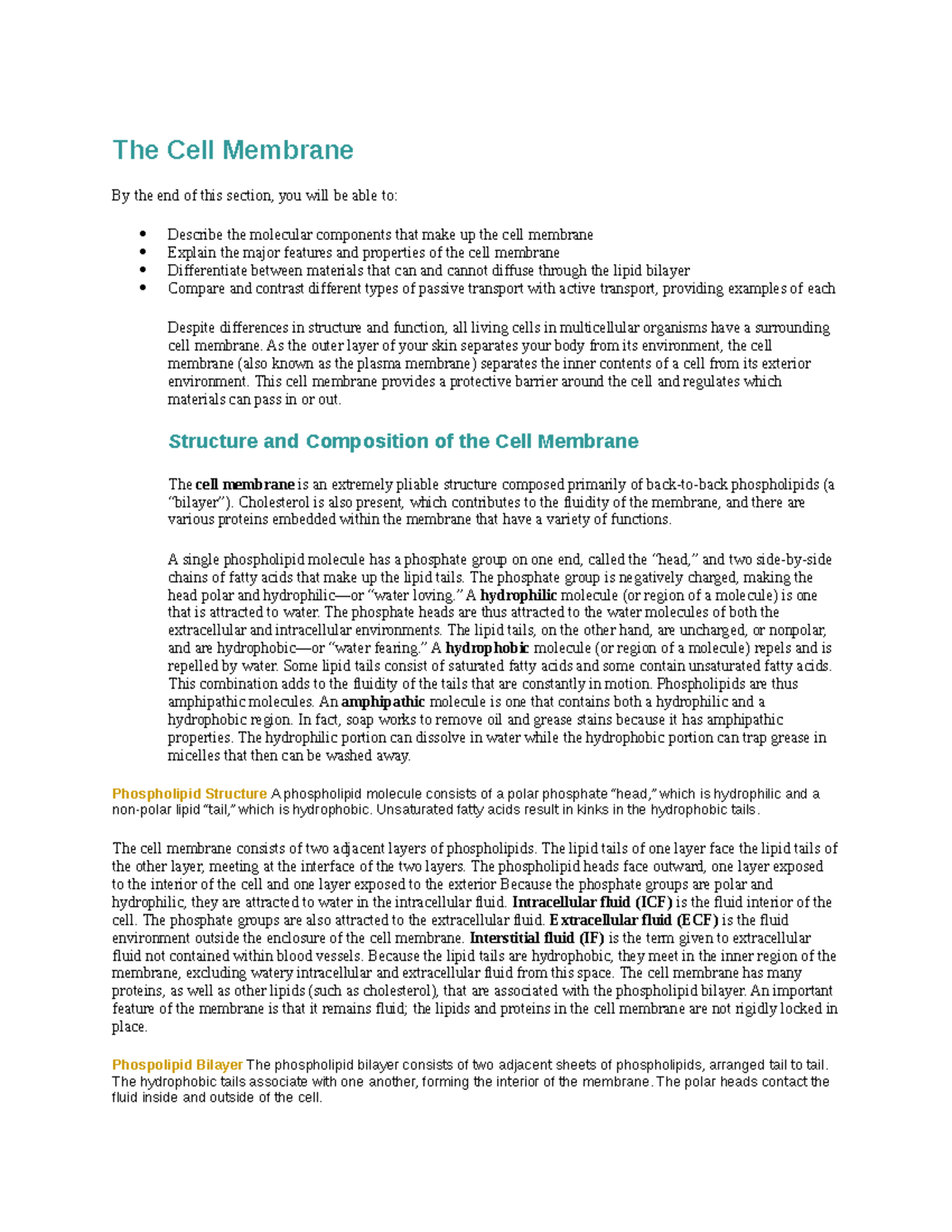 The Cell Membrane - Lecture notes chapter 3 - The Cell Membrane By the ...