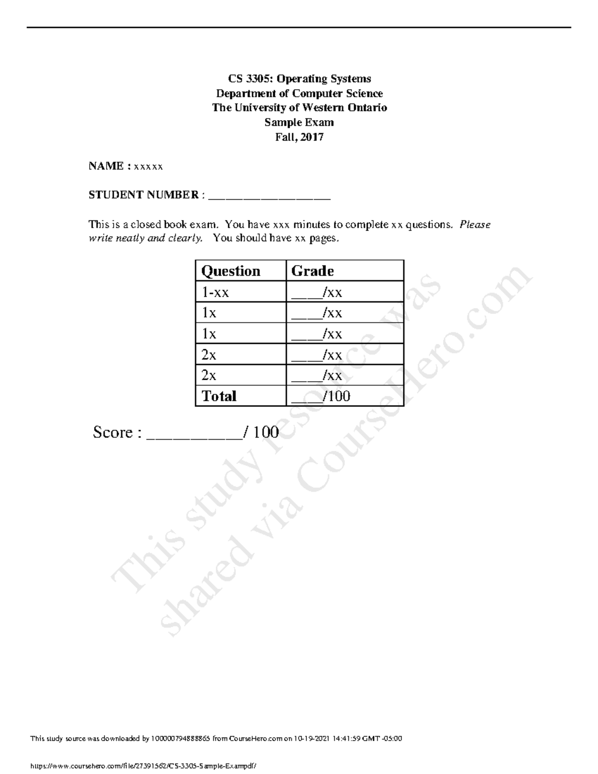 CS 3305 Sample Exam Geography 3000Y UWO Studocu