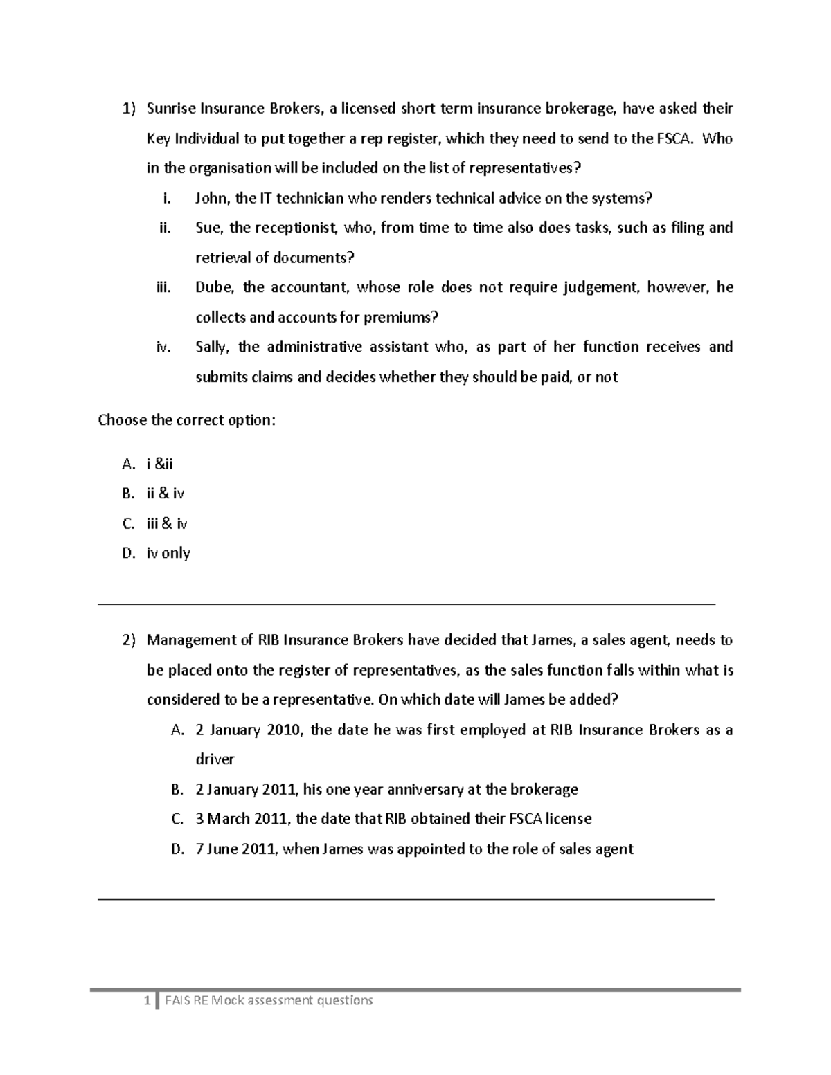 2. re5 mock exam questions viii - Sunrise Insurance Brokers, a licensed ...