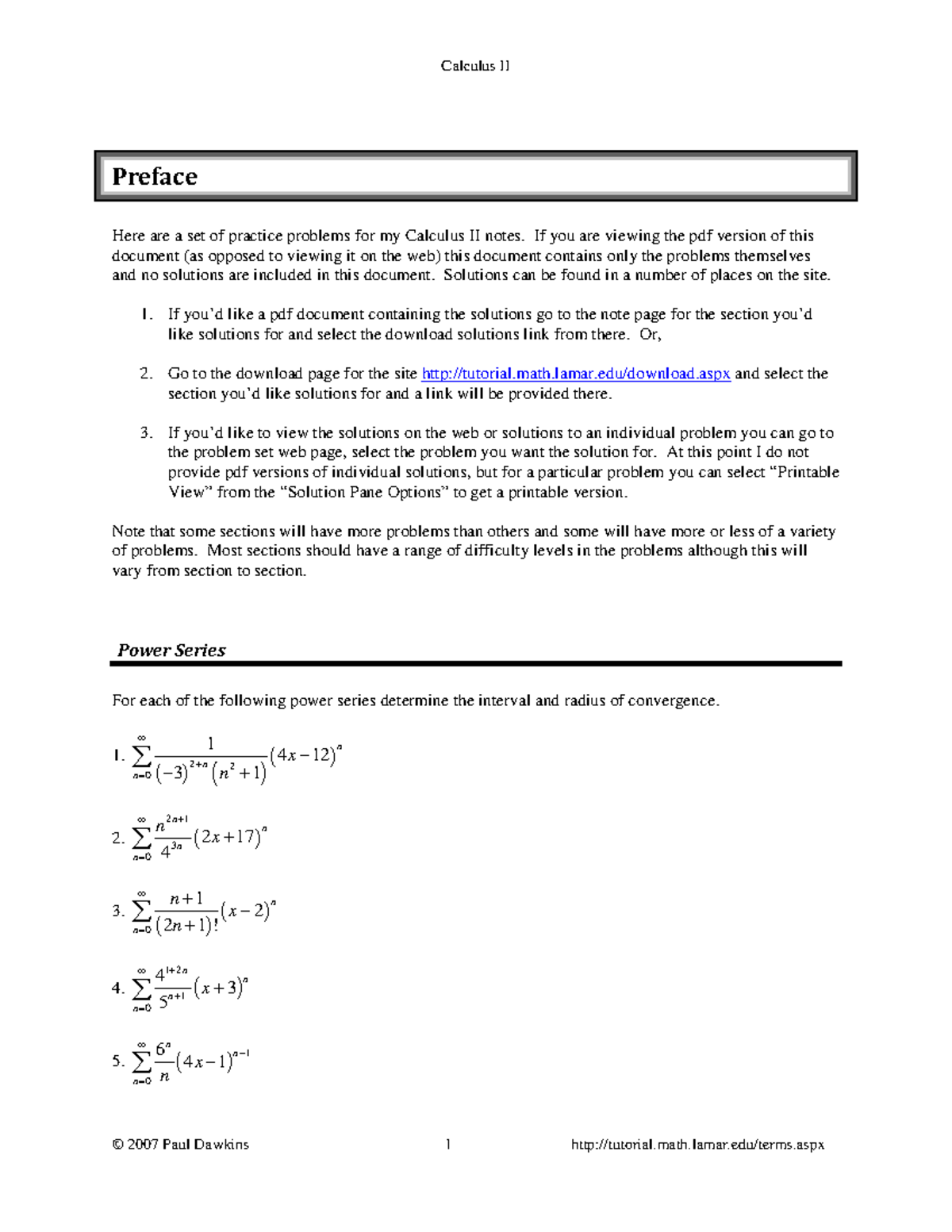 Calc II Power Series Practice - Calculus II Preface Here are a set of ...