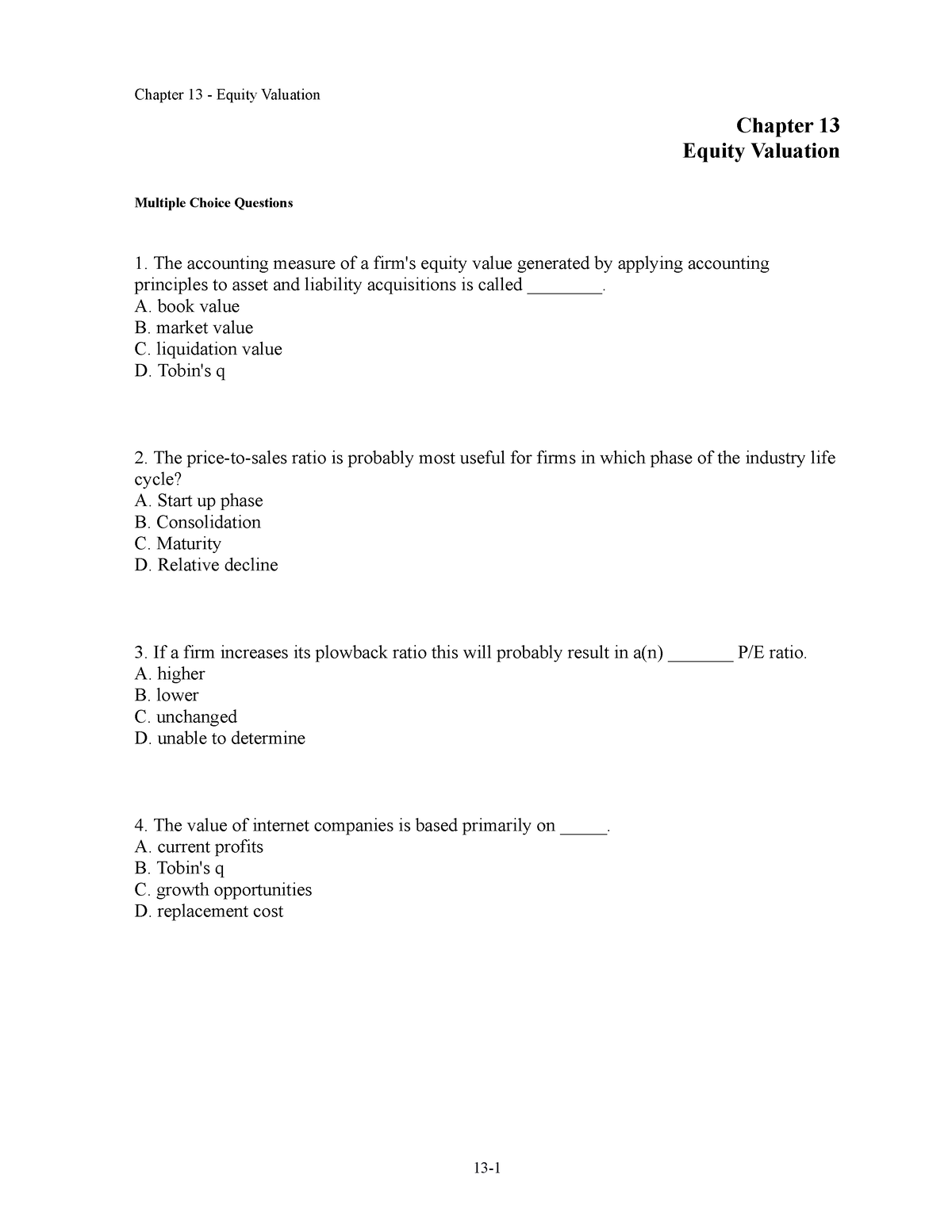 Chap013-Equity Valuation - Chapter 13 Equity Valuation Multiple Choice ...