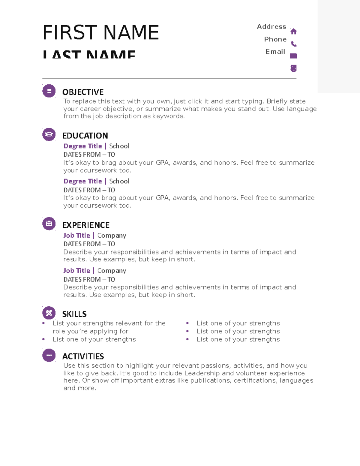 Student resume (Modern design) - FIRST NAME LAST NAME Address Phone ...