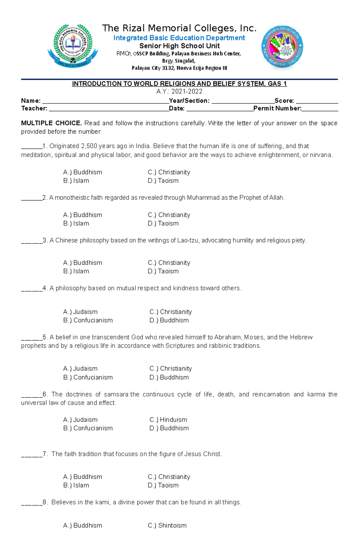 TQ-GAS 1 Exam - Humanities Test Test Question And Table Of ...