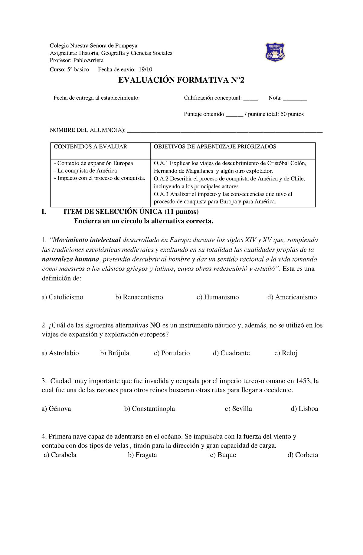 Historia 5° Basico Evaluacion Formativa N°2 - Colegio Nuestra Señora De ...