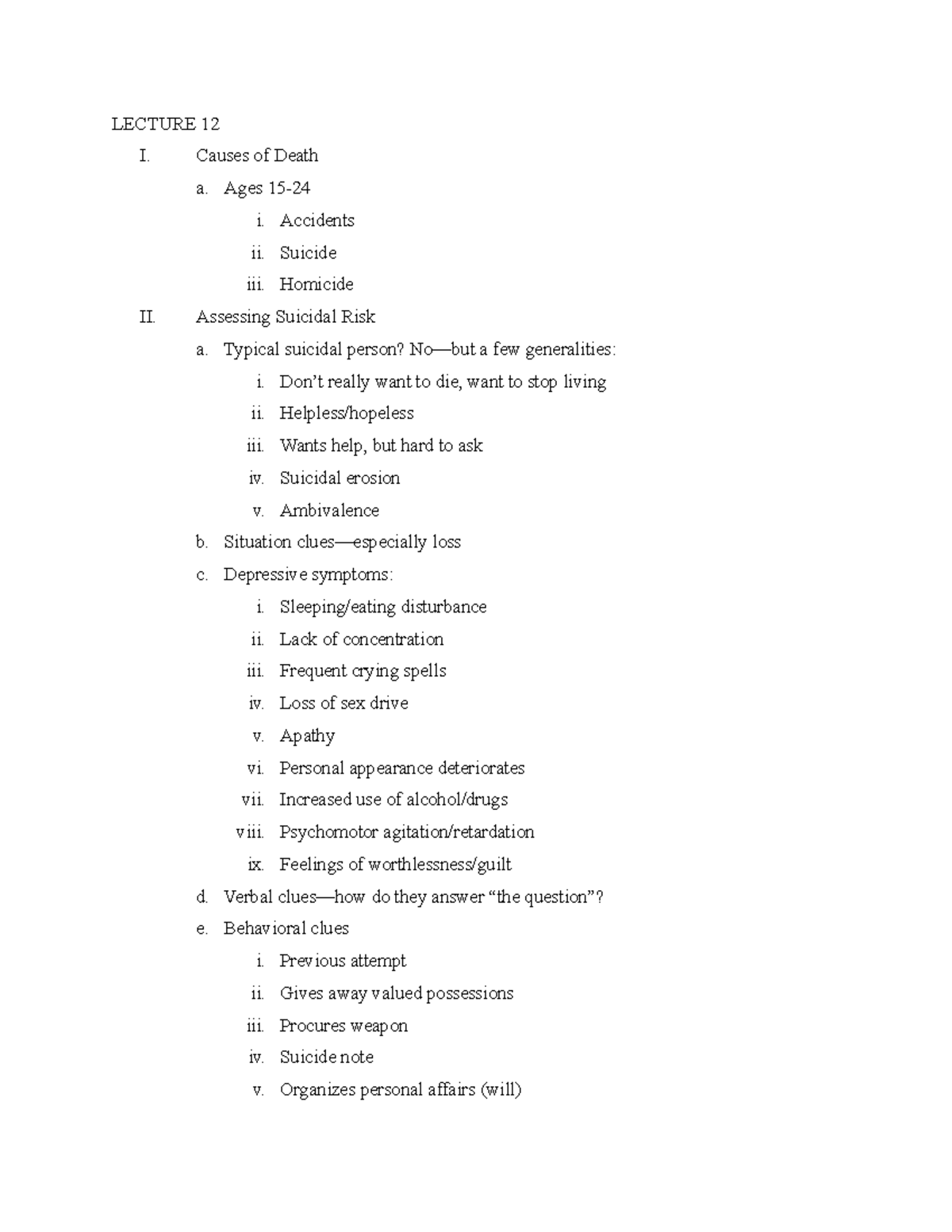 Counseling Psych 12 - Lecture 12 I. Causes Of Death A. Ages 15- I 