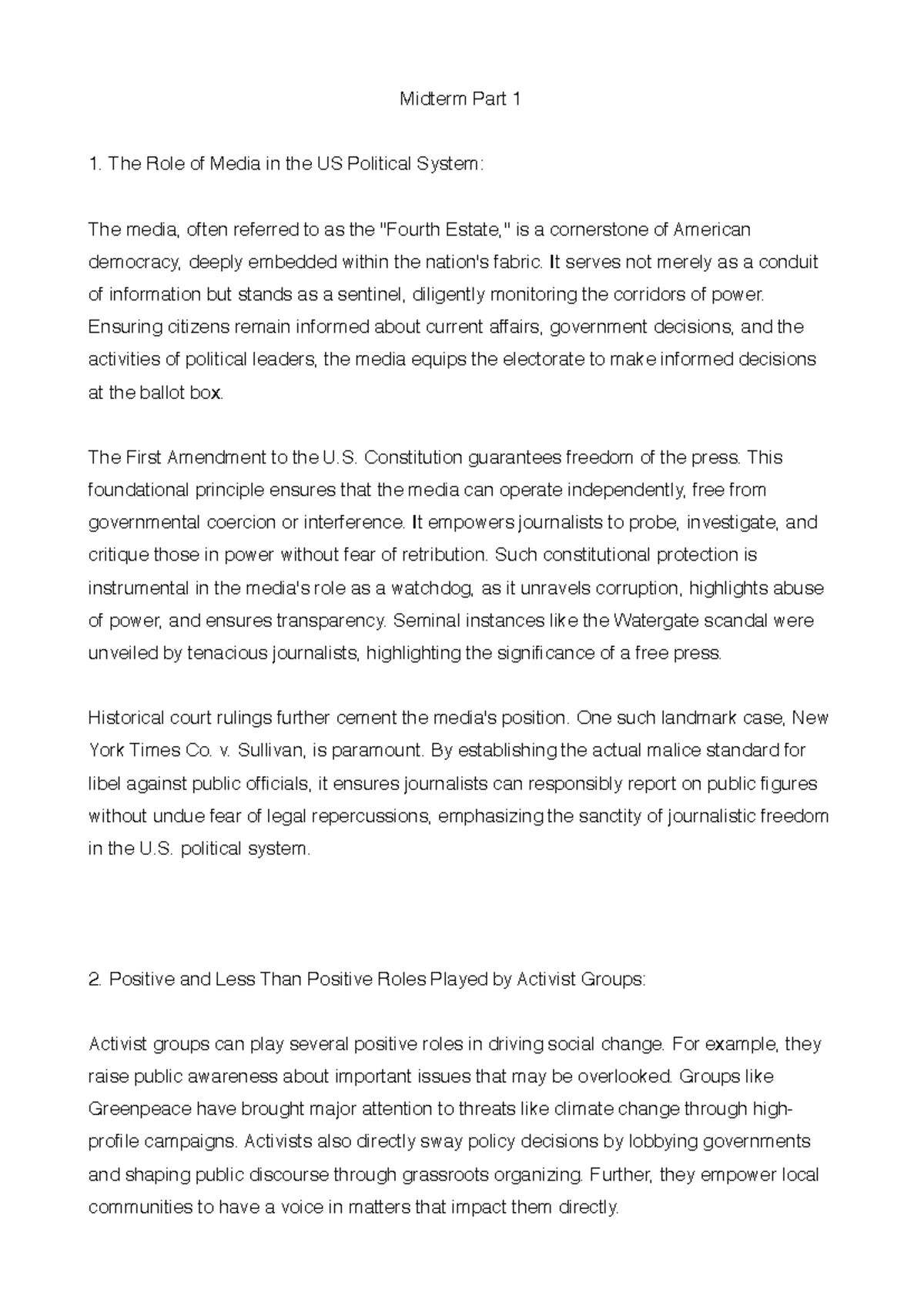 Part 1, mid-term exam pdf - Midterm Part 1 The Role of Media in the US ...