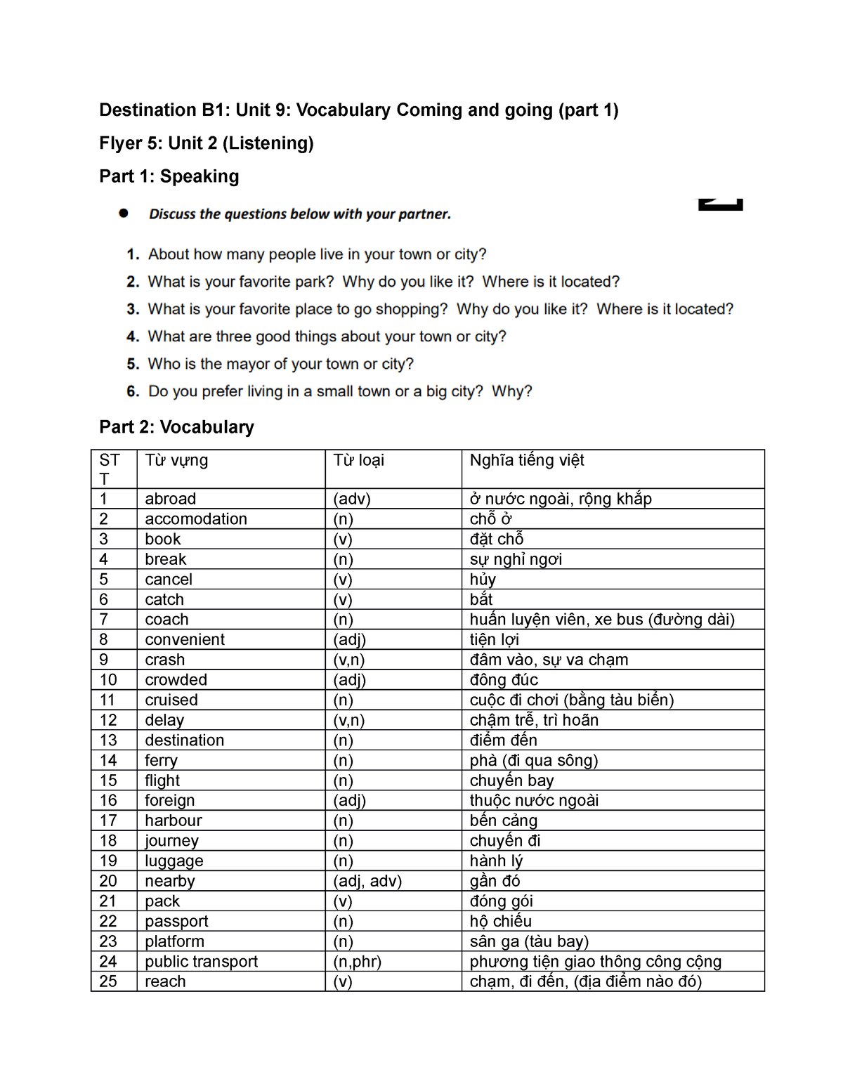 Day20 DB1+Flyer 5 25-5-22 - Destination B1: Unit 9: Vocabulary Coming and  going (part 1) Flyer 5: - Studocu