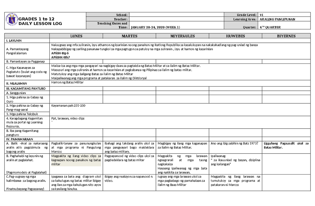 Lesson Plan Aral Pan - GRADES 1 to 12 DAILY LESSON LOG School: Grade ...