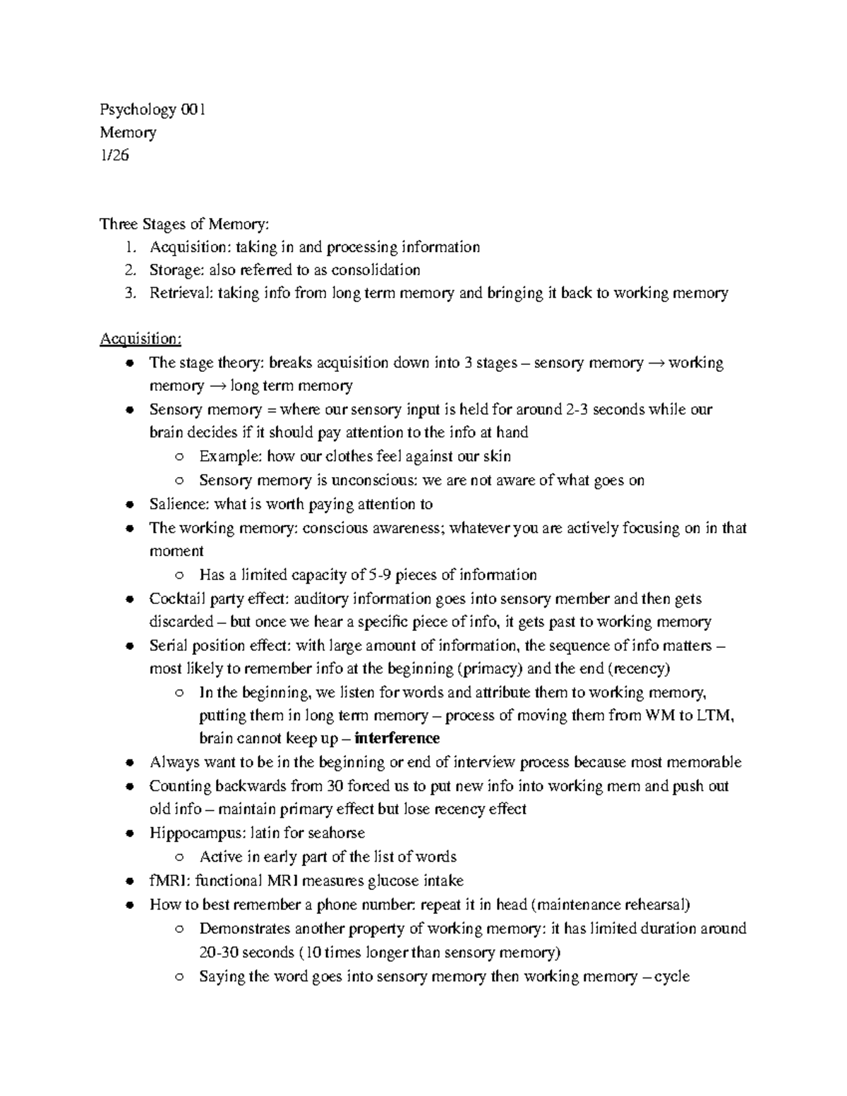 Psych Final Mega Doc - Psychology 001 Memory 1/ Three Stages Of Memory ...