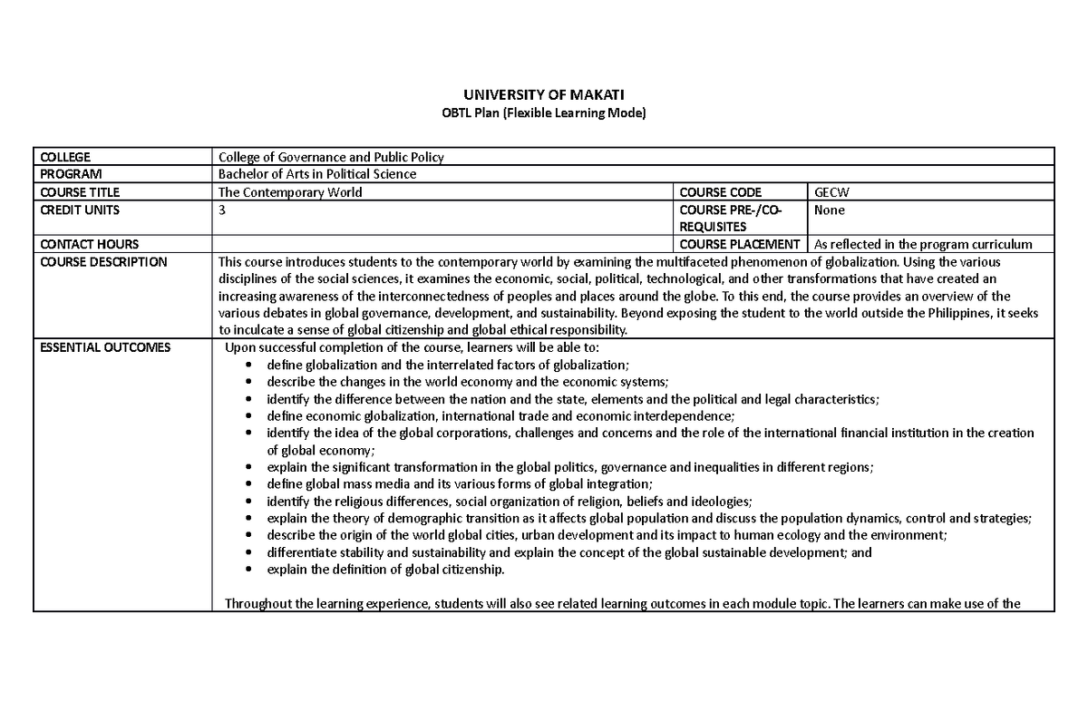 GECW - THE Contemporary World - OBTL FLM - UNIVERSITY OF MAKATI OBTL ...