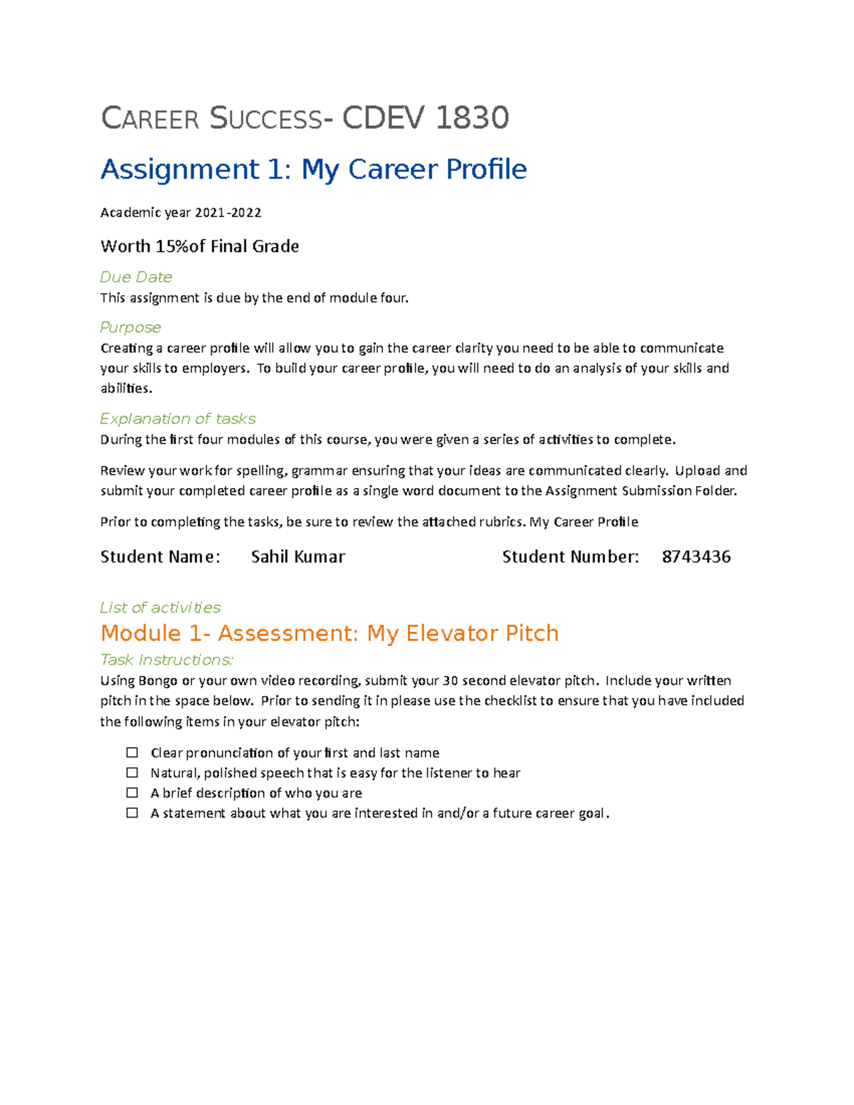 CDEV1830 Career Success Assignment 1 - CAREER SUCCESS- CDEV 1830 ...