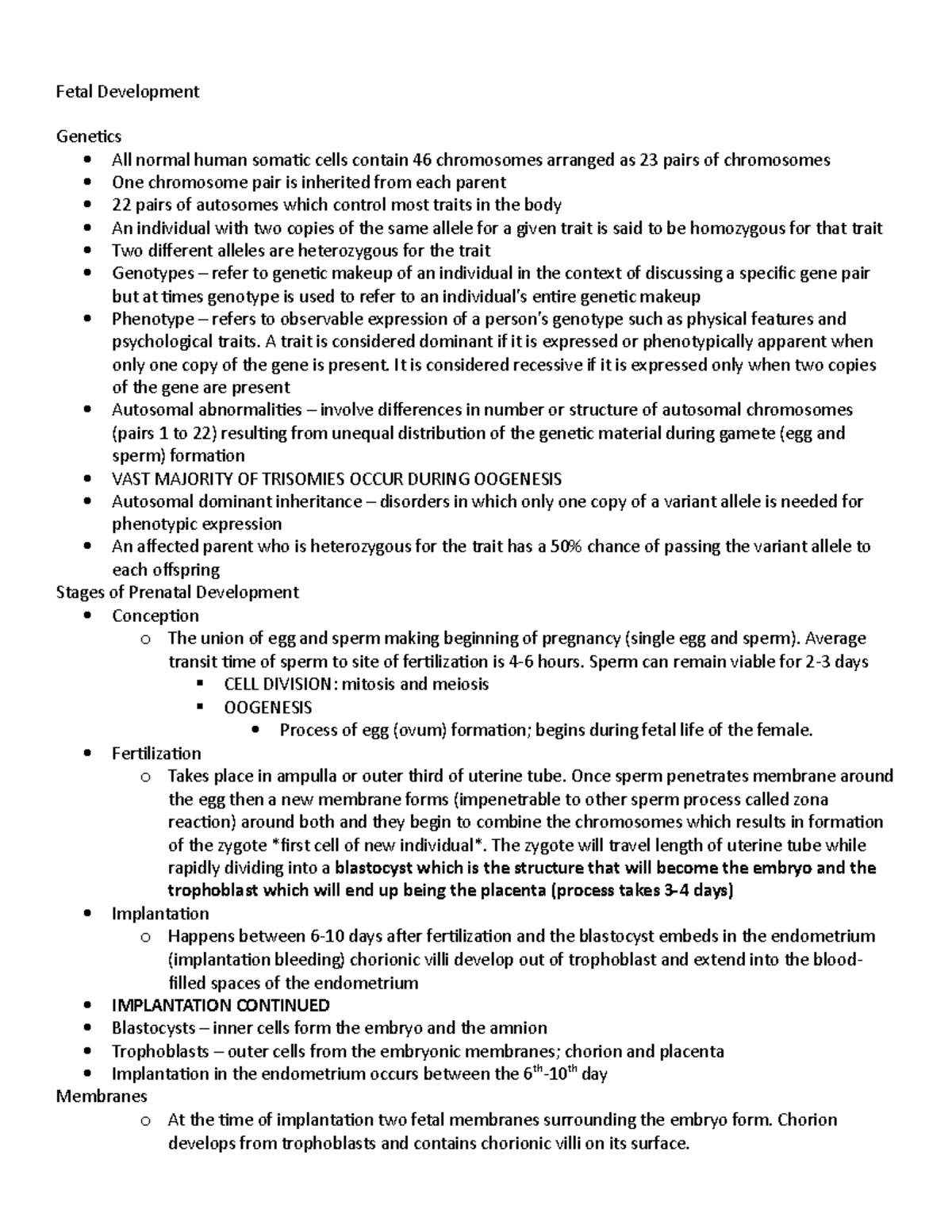 CNUR 303 Midterm Review - Fetal Development Genetics All normal human ...