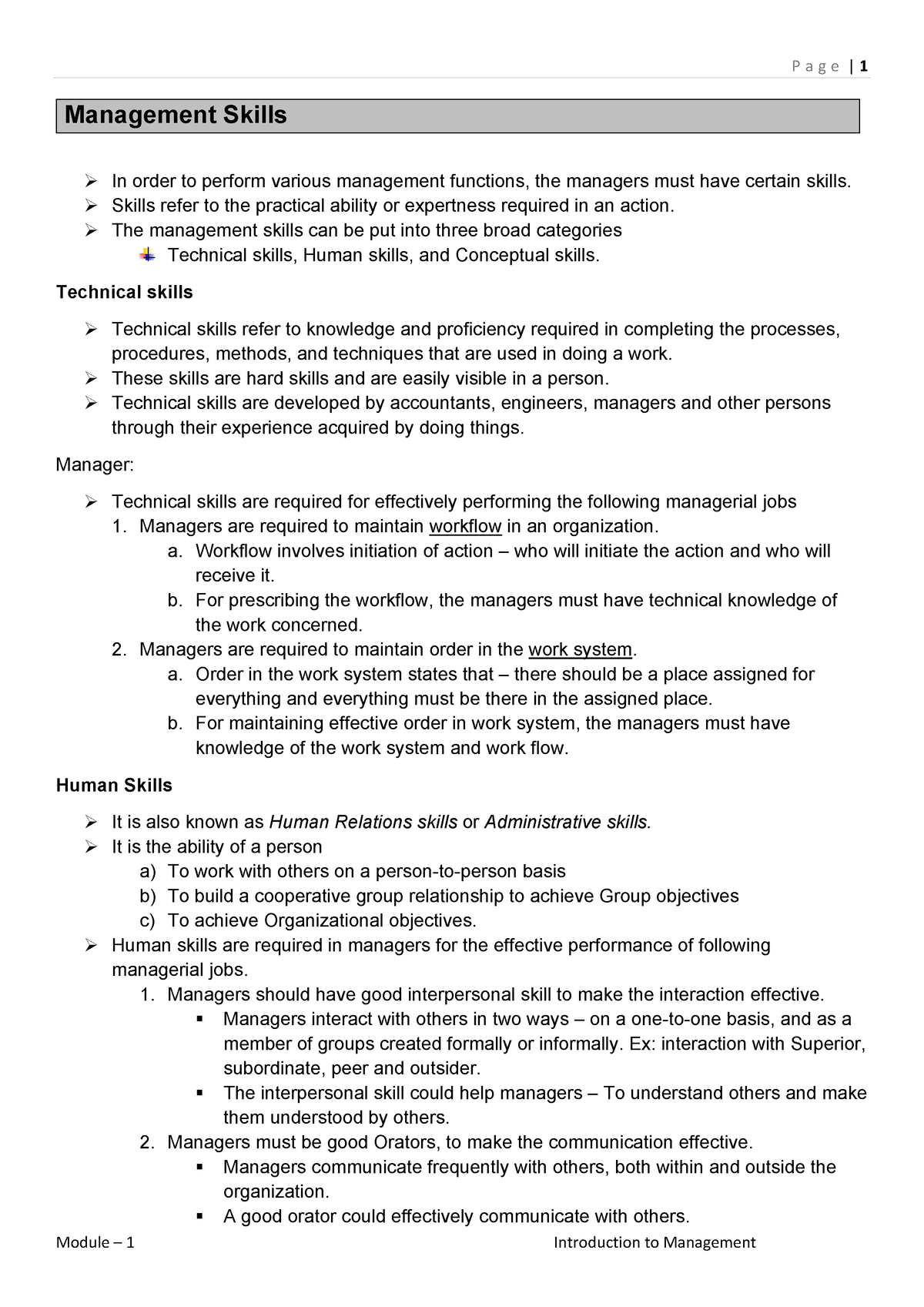 Principles of management module 1 - Management Skills In order to ...