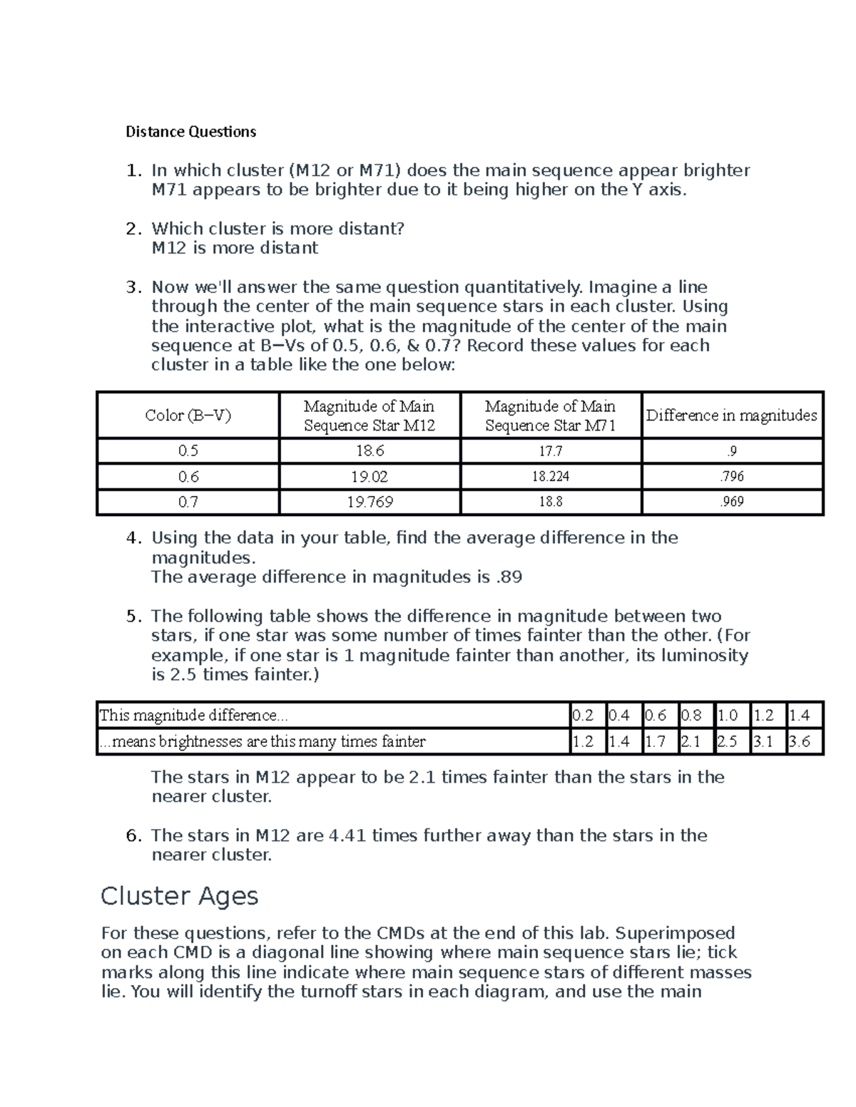 The Distances and Ages of Star Clusters Lab Distance Questions In