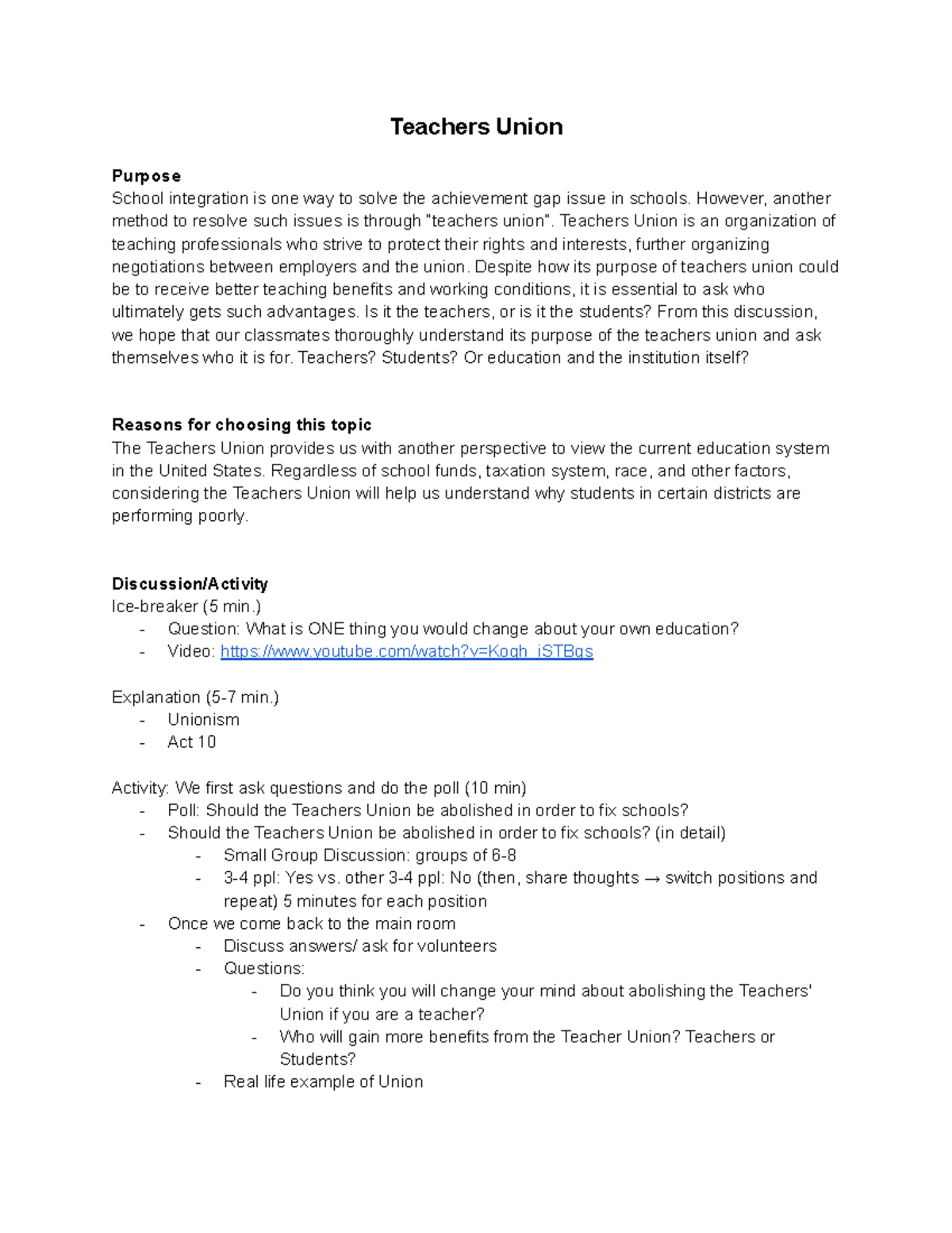 Class Faciliation hw assignment Teachers Union Purpose School