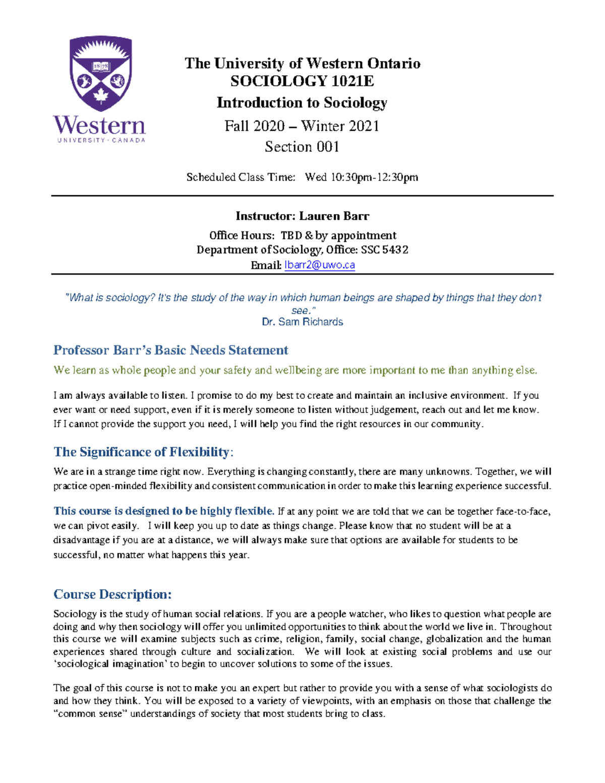 Socio 1021E Course Outline - The University of Western Ontario ...