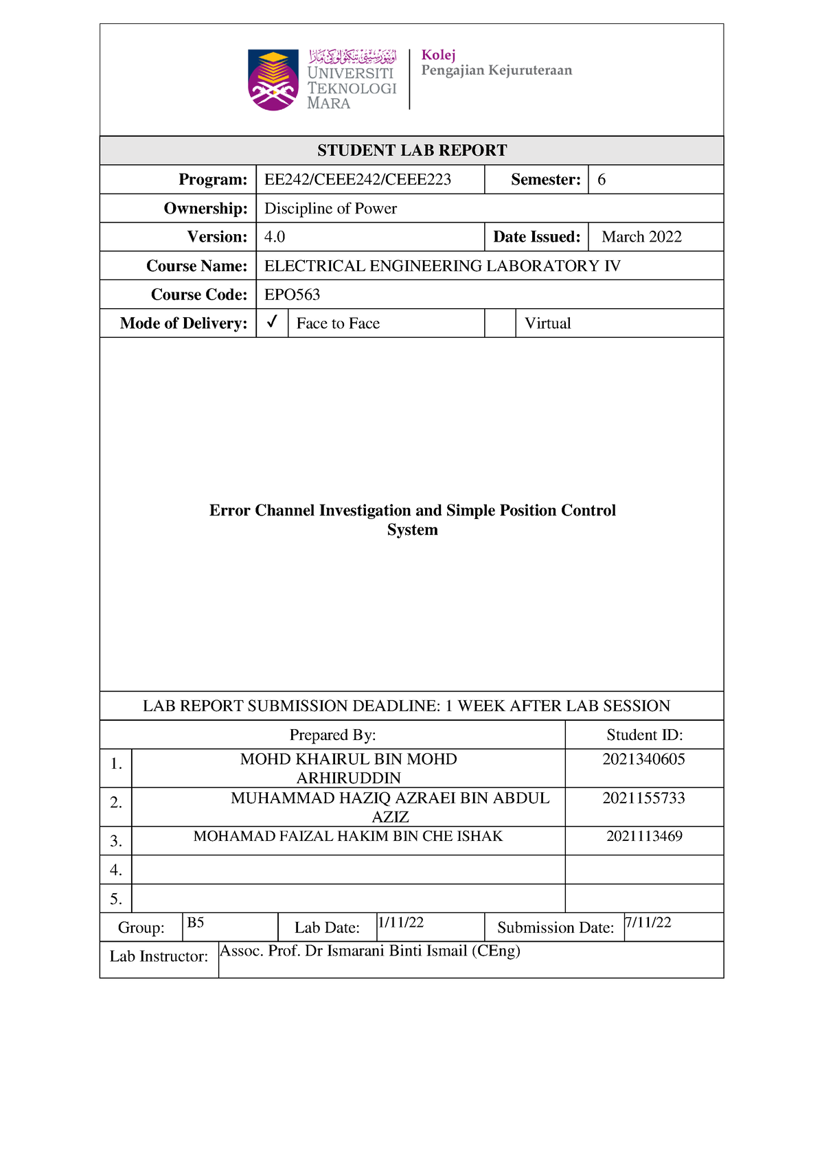 B5.C2 Report - ####### STUDENT LAB REPORT ####### Program: EE242 ...