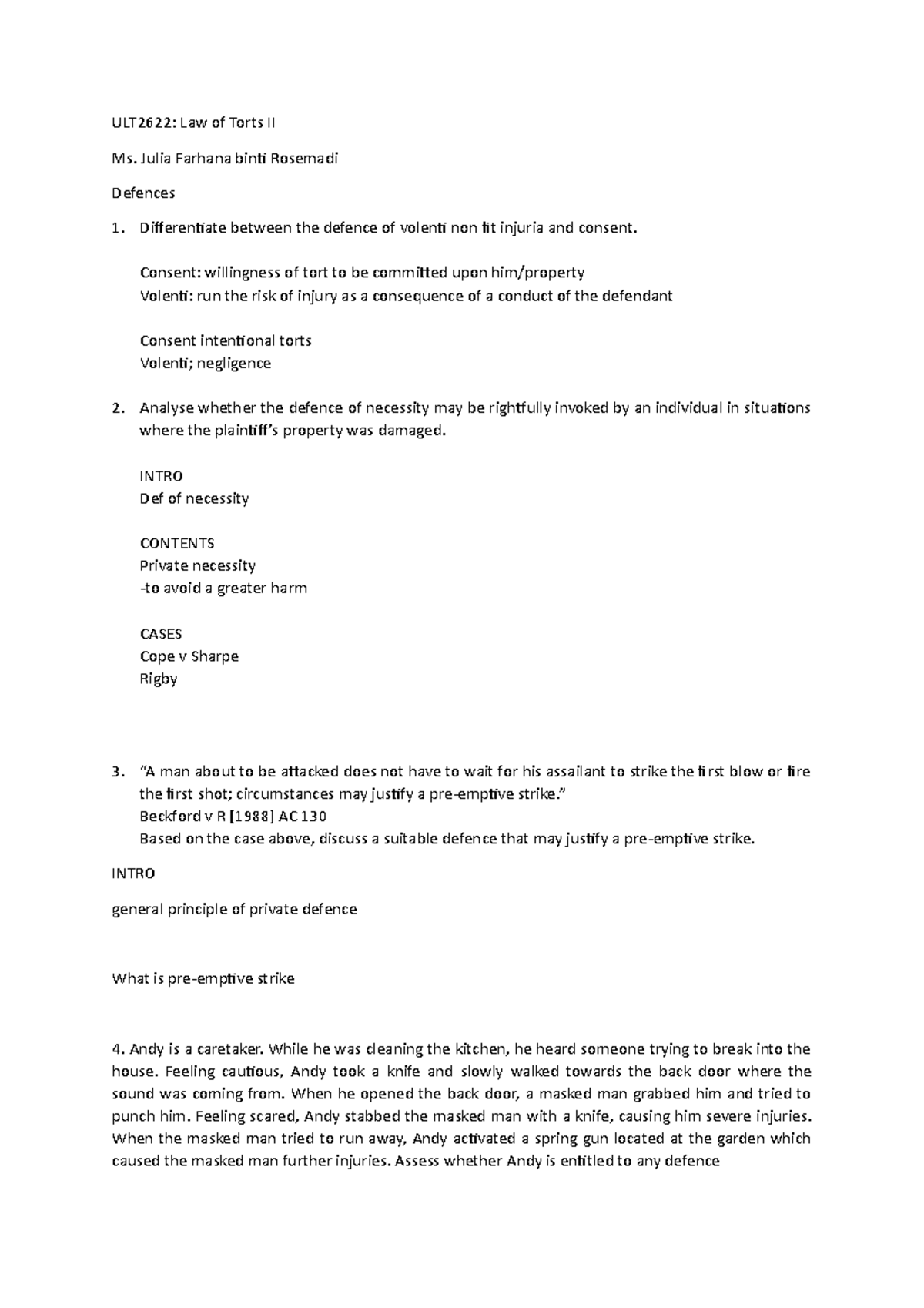 Tutorial W14 - ULT2622: Law of Torts II Ms. Julia Farhana binti ...