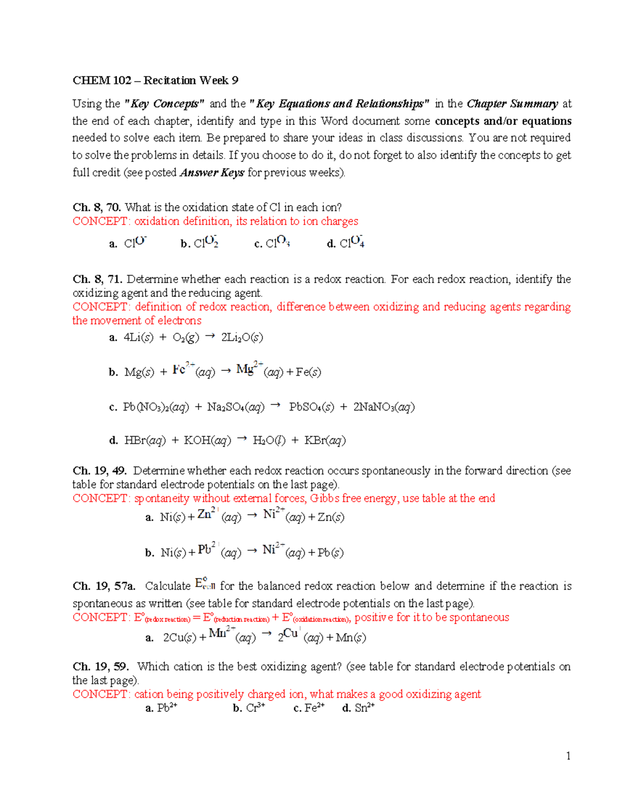 CHEM 102 - Recitation Week9 - CHEM 102 – Recitation Week 9 Using The ...