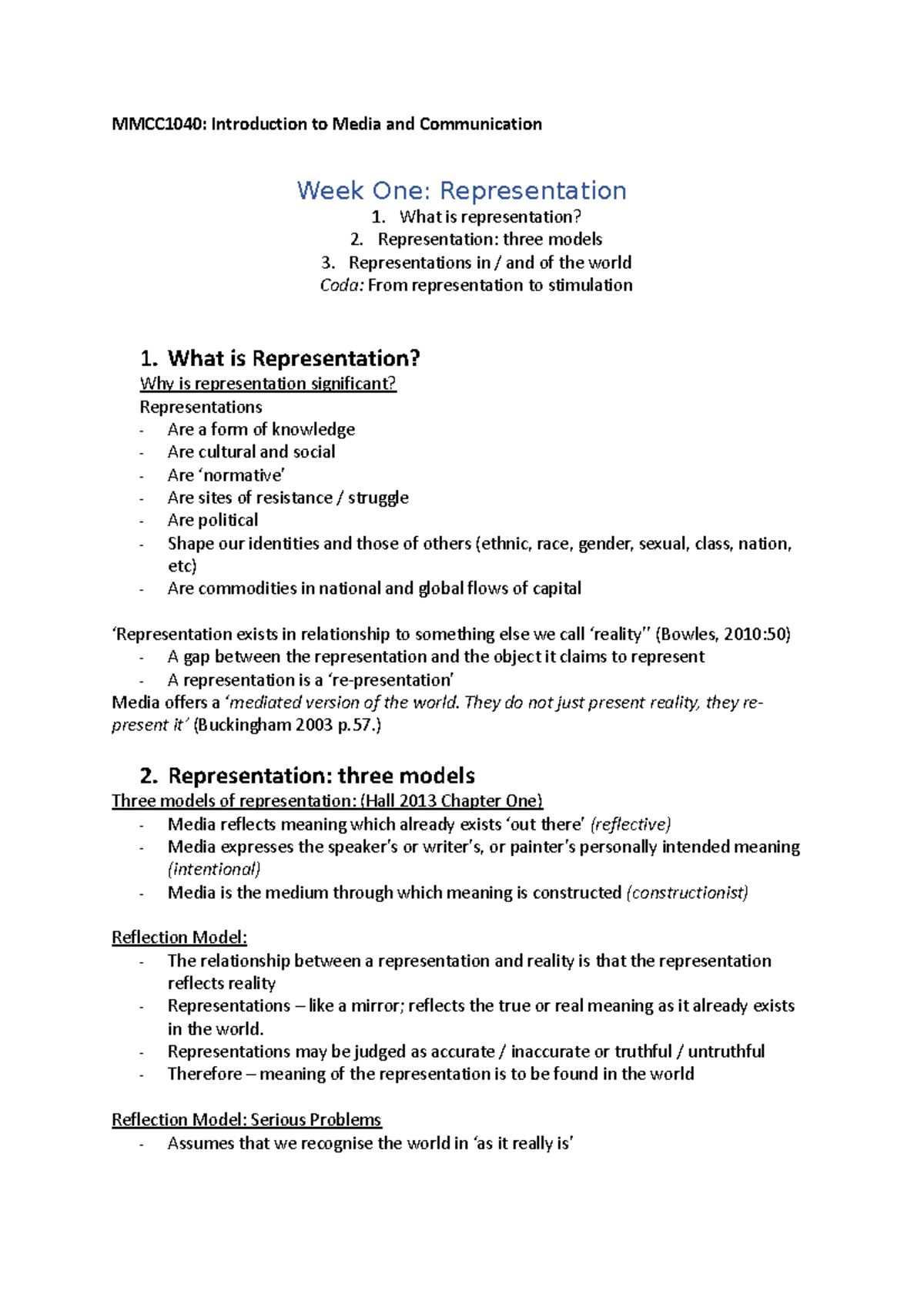 MMCC1040- Weeks 1-5 - Week 1-5 notes - MMCC1040: Introduction to Media ...