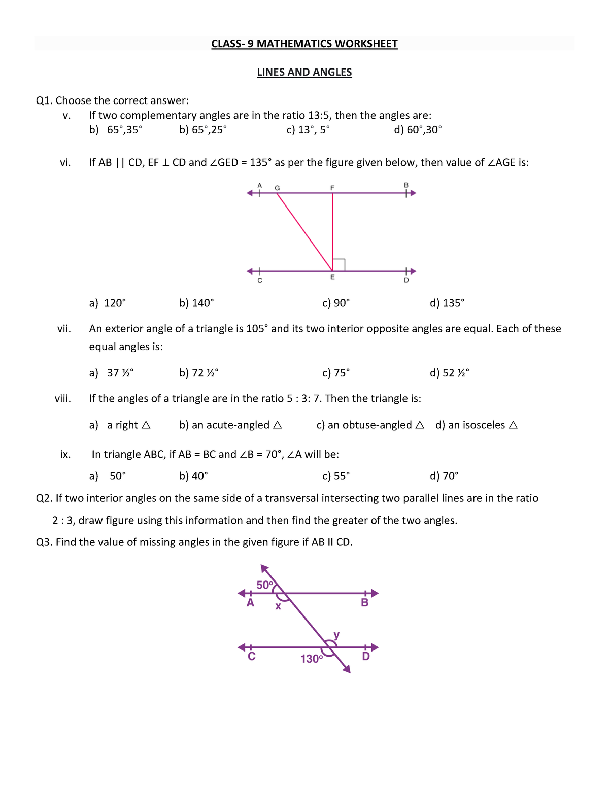 lines and angles assignment class 9