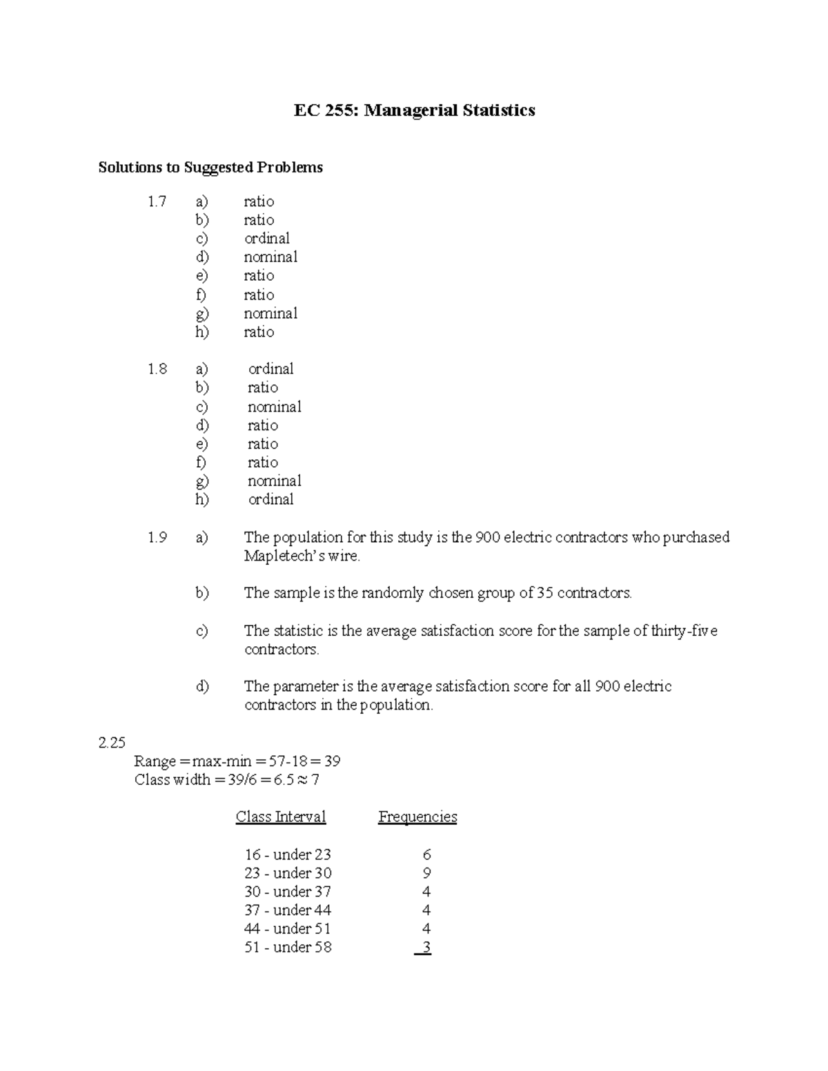 Week 1 Suggested Problems Solutions - EC 255: Managerial Statistics ...