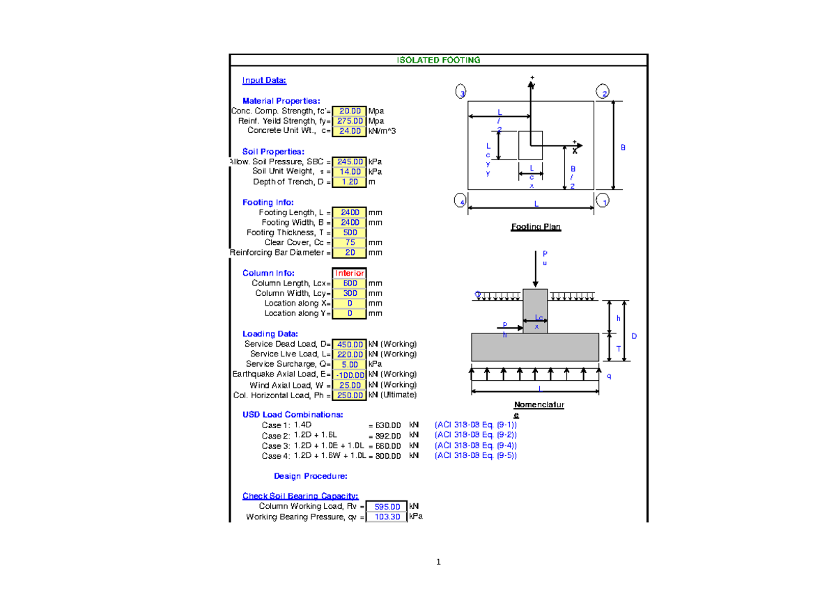 Isolated Footing - Input Data: Material Properties: Conc. Comp ...