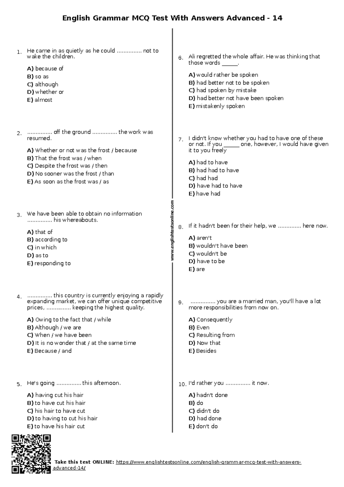 Tenses In English Class 10 Mcq