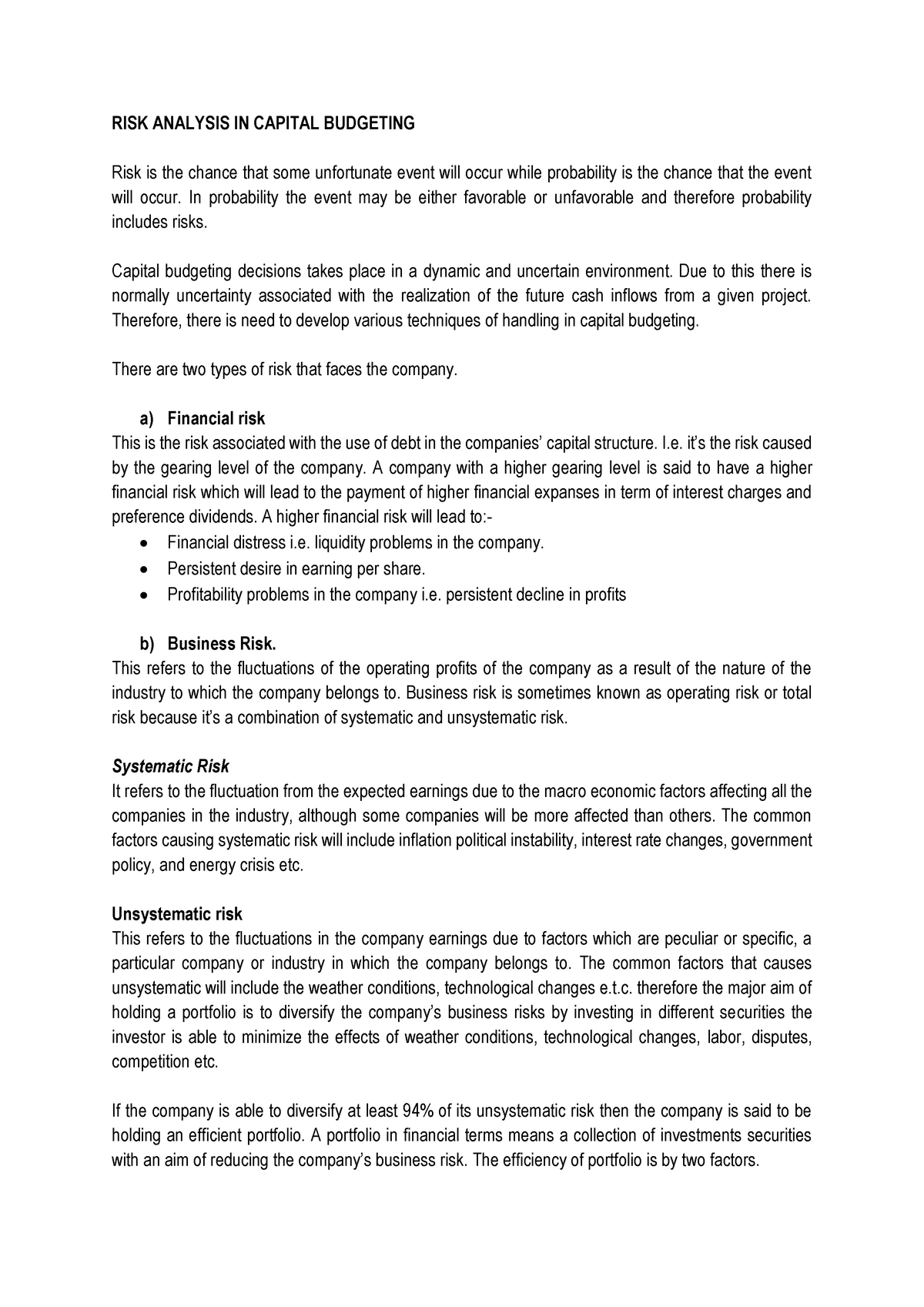 Lecture Notes Risk Analysis Capital Budgeting - RISK ANALYSIS IN ...