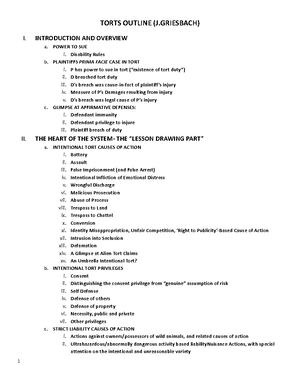 2021 Torts Outline - TORTS OUTLINE INTENTIONAL TORTS: BATTERY A acts ...