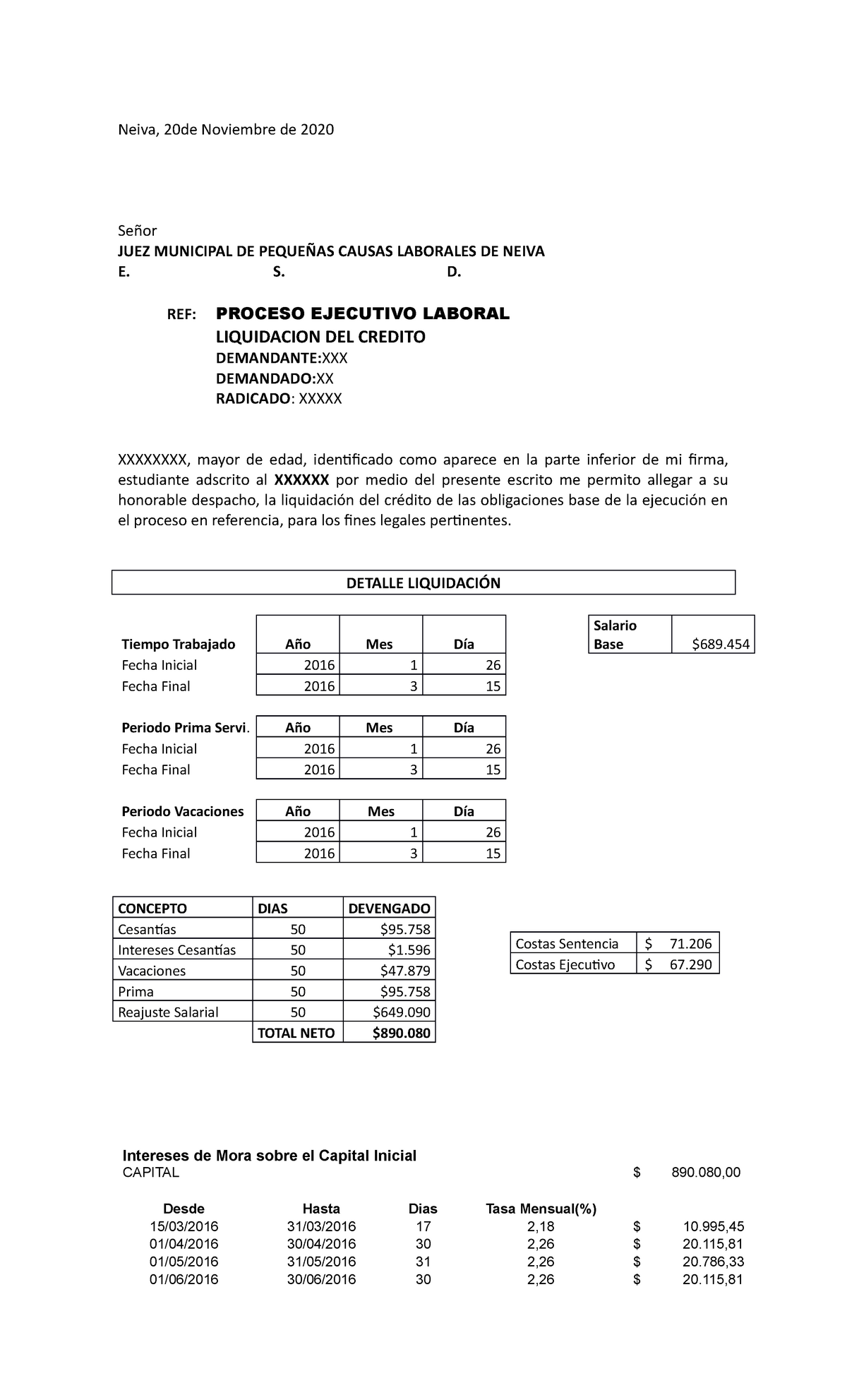 Modelo Liquidacion DE Credito - Ejecutivo Laboral - Neiva, 20de Noviembre  de 2020 Señor JUEZ - Studocu