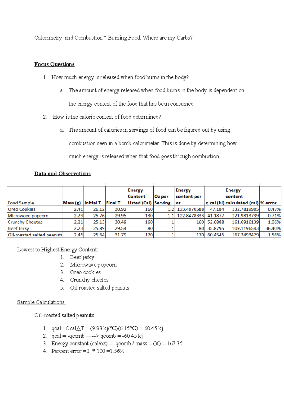 Lab 18 Calorimetry and Combustion “ Burning Food. Where are my Carbs