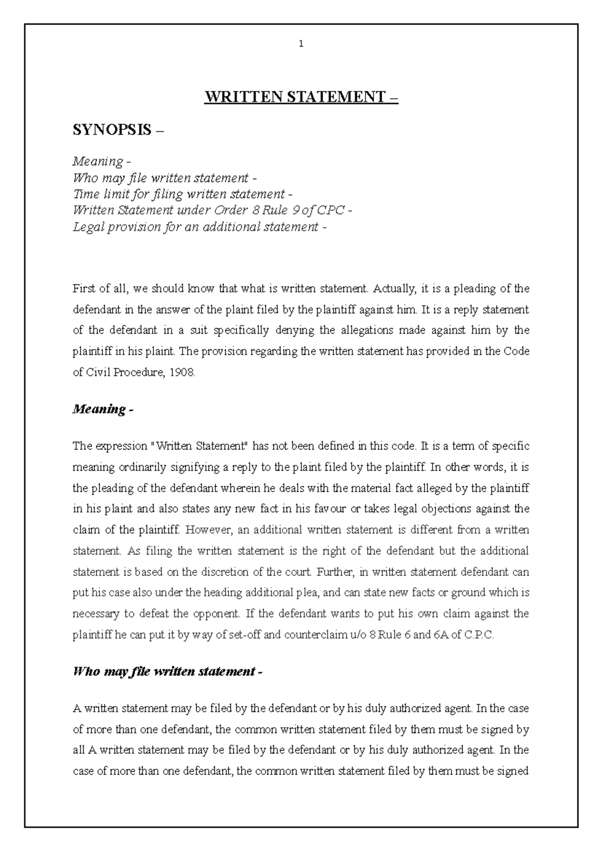 109822 1599407478 - notes of a topic - 1 WRITTEN STATEMENT – SYNOPSIS ...
