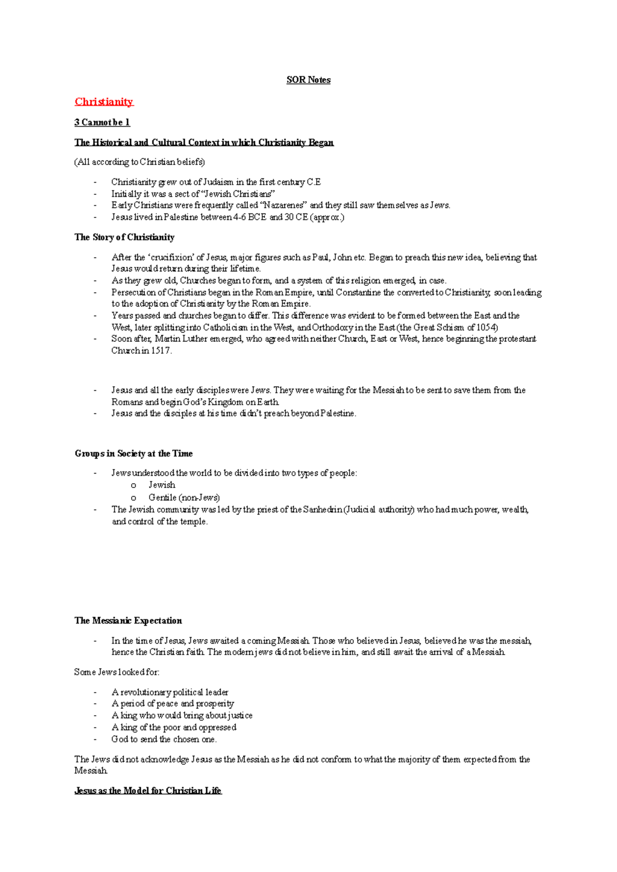 SOR notes - SOR Notes Christianity 3 Cannot be 1 The Historical and ...