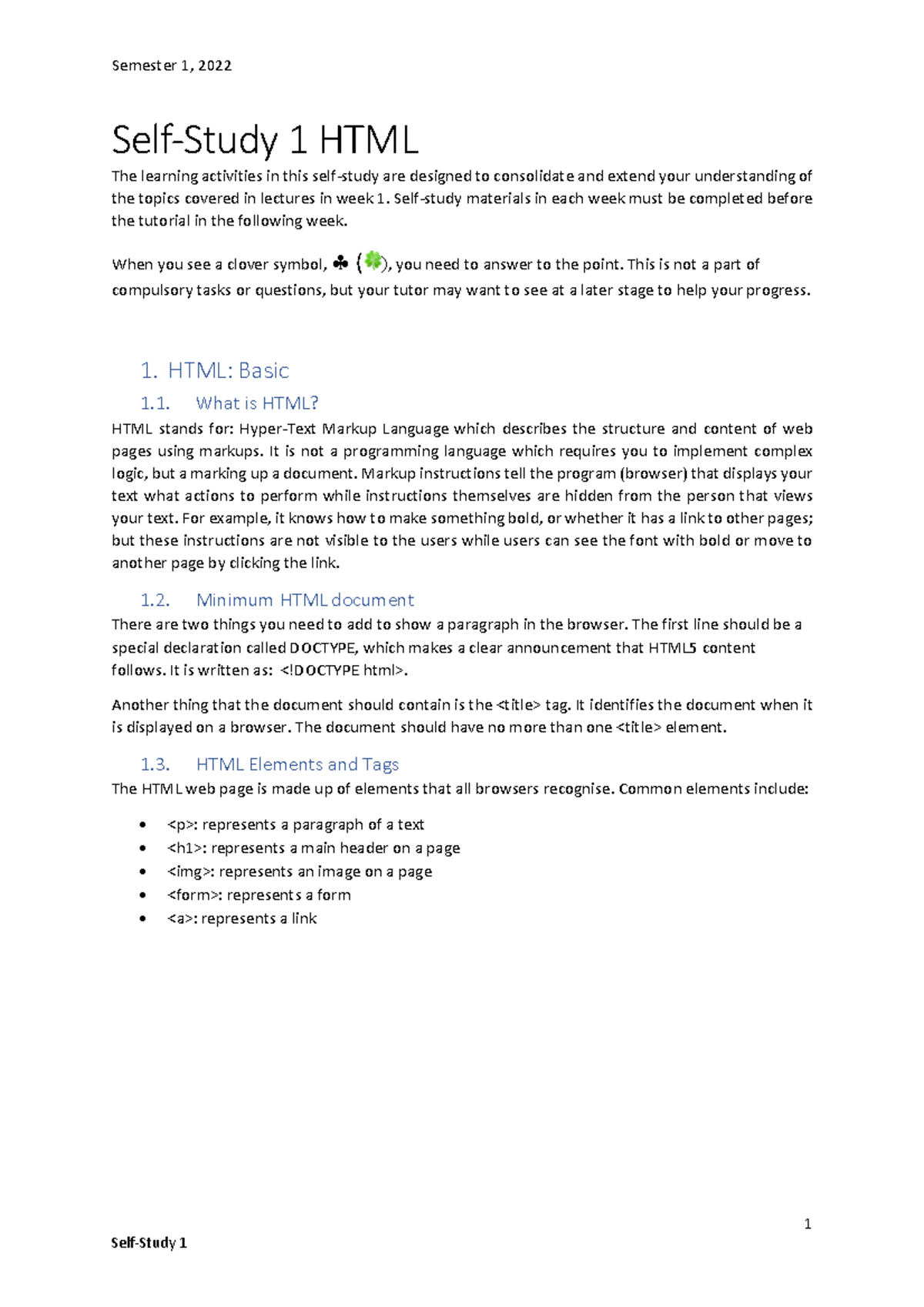 SS1 HTML discussion - 1 Self -Study 1 HTML The learning activities in ...