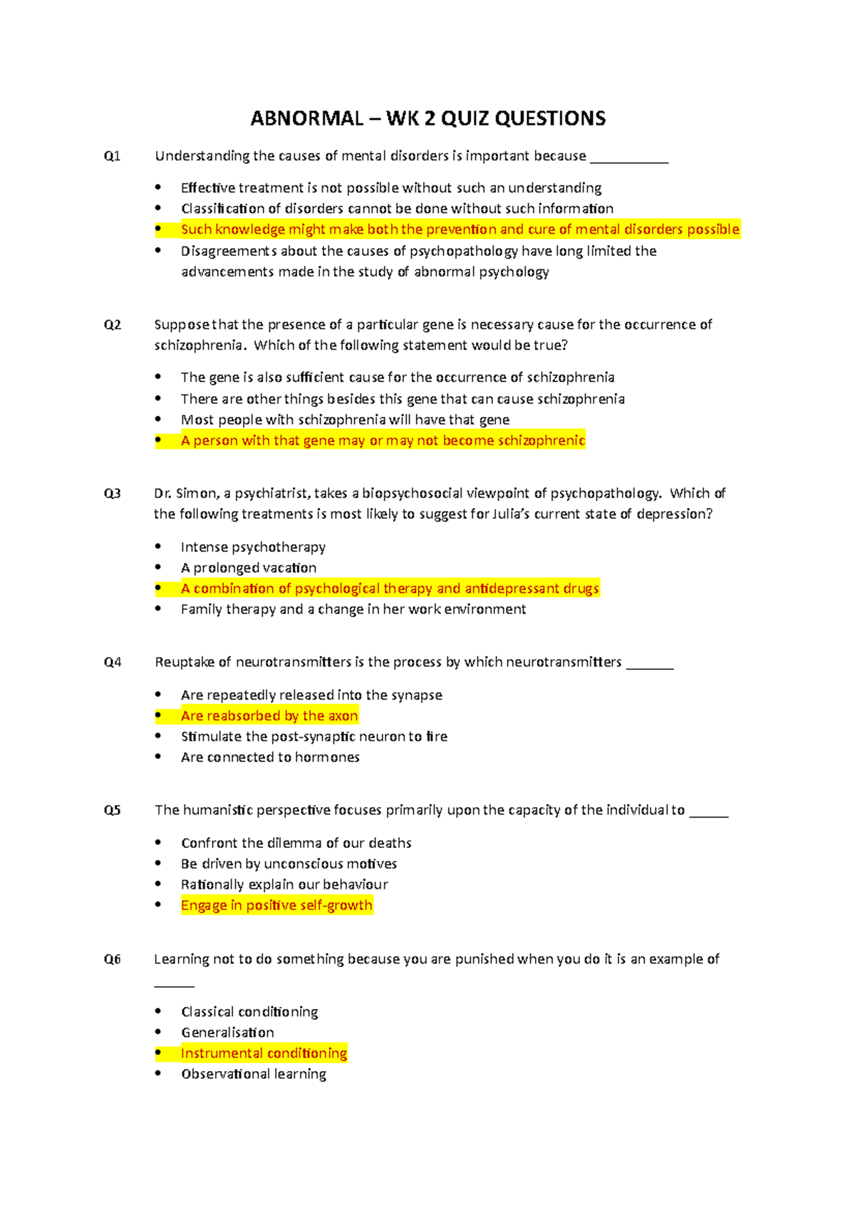 Wk2 - Week 2 Pop Quiz Revision - ABNORMAL – WK 2 QUIZ QUESTIONS Q1 ...