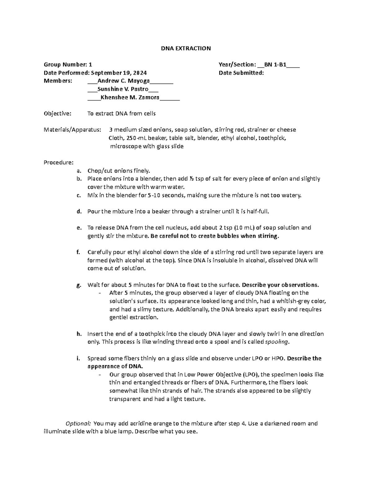 DNA- Extraction - Lab Activity - DNA EXTRACTION Group Number: 1 Year ...