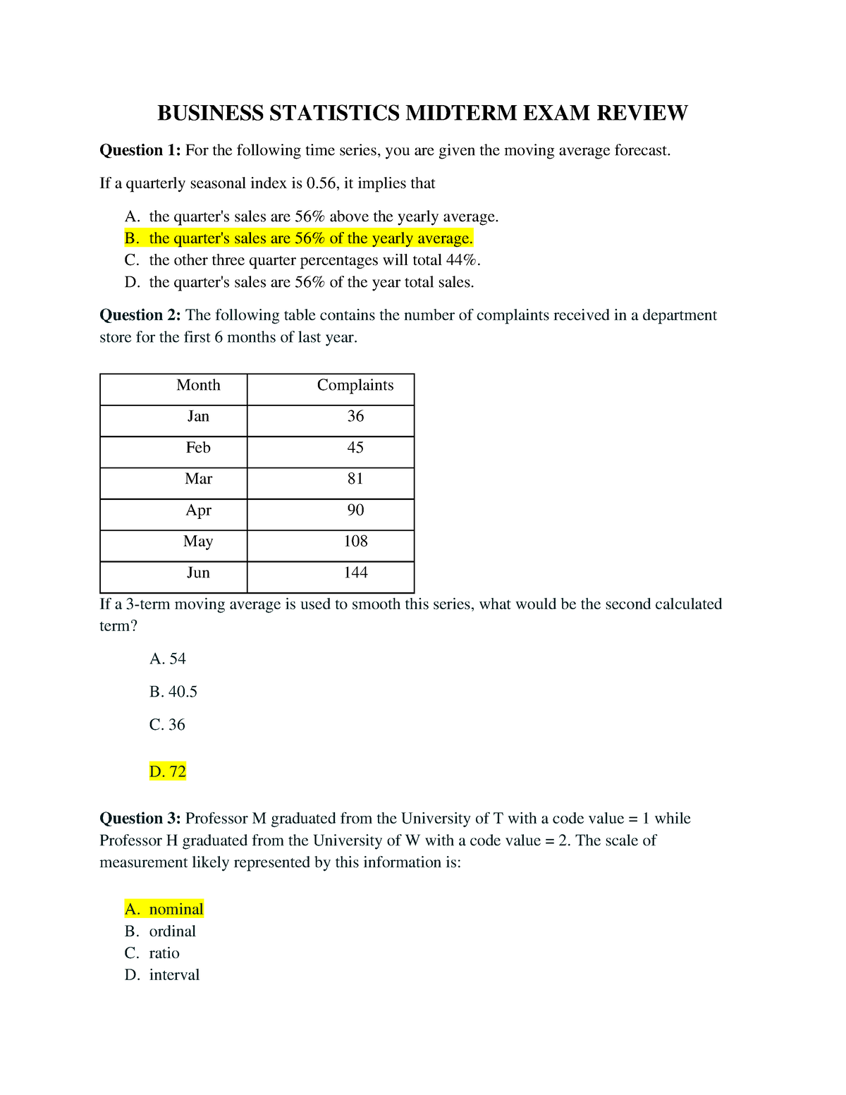 Business Statistics Midterm EXAM Review - BUSINESS STATISTICS MIDTERM ...