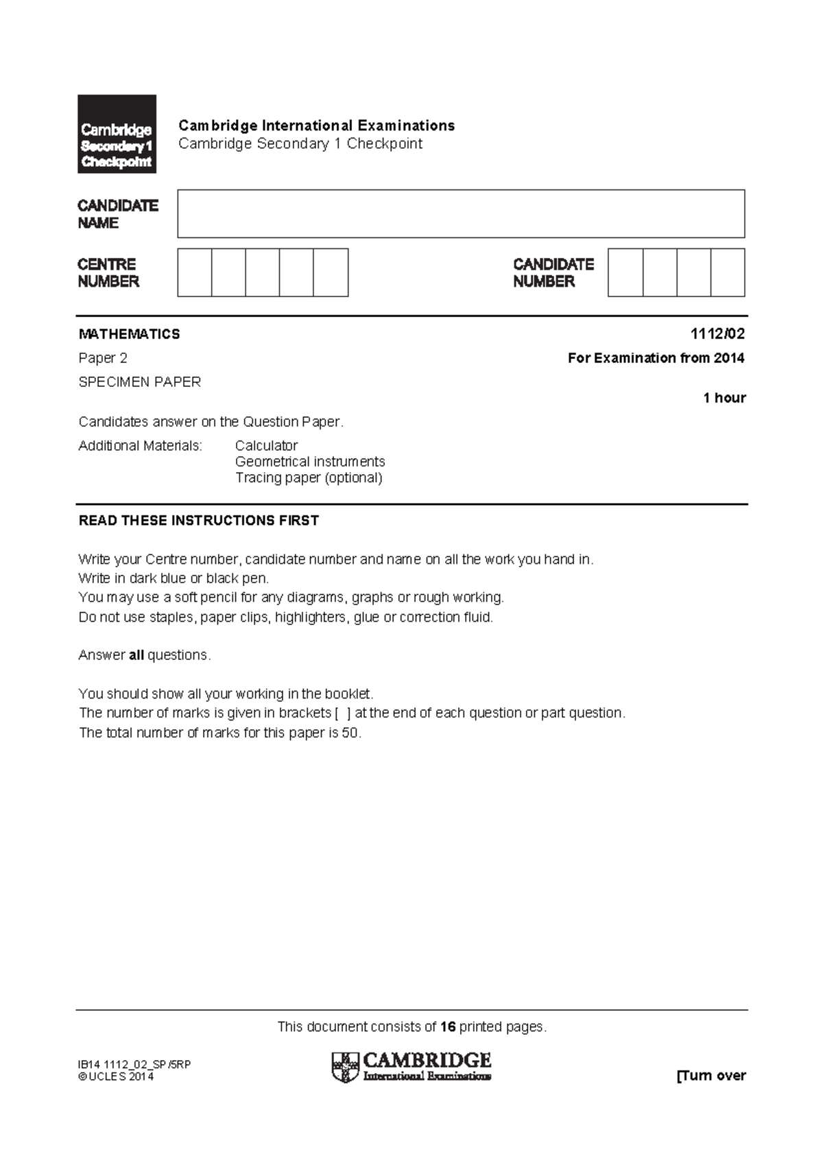 CP 1 Math paper 2 - This document consists of 16 printed pages. IB14 ...