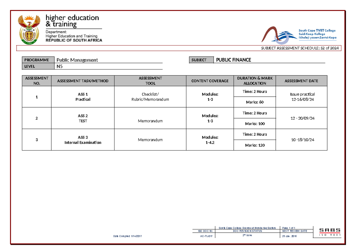 Public Finance N5 Subject Assessment Schedule S1 - SUBJECT ASSESSMENT ...